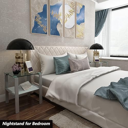 Miniatura 4 de Mesa auxiliar de cristal, mesa auxiliar para sala de estar, mesa de esquina pequeña, vidrio templado transparente y patas de metal gris, 2 capas