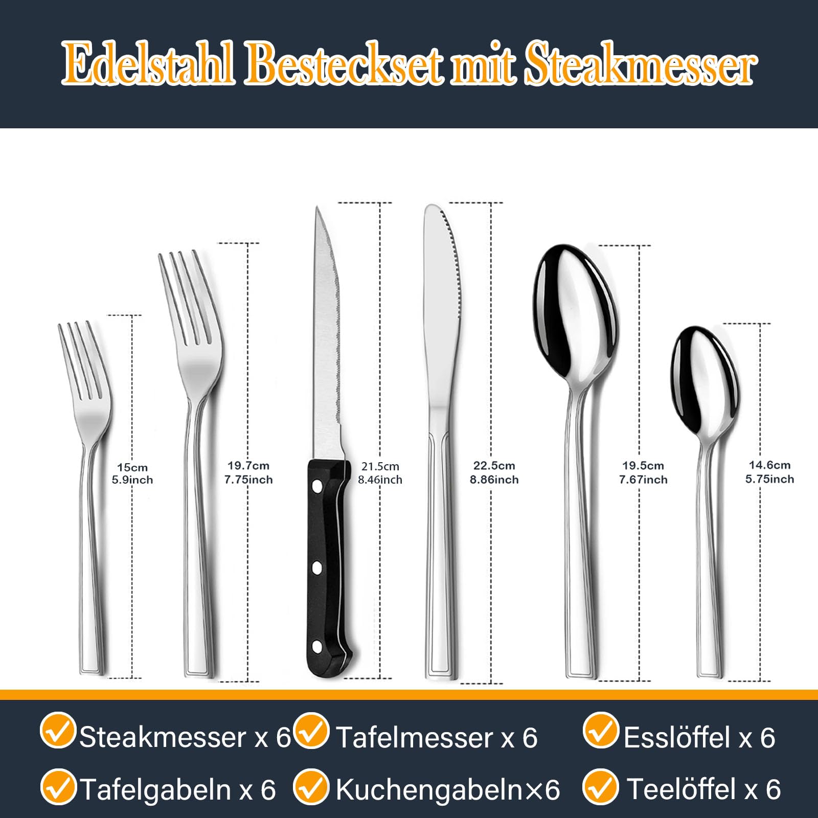 Juego de cubiertos 6 Personas, Hunnycook 36 Piezas Juego de cubiertos con Cuchillo para Carne, Set de Cubiertos de Acero Inoxidable con Cuchillo Tenedor Cuchara para, Apto para Lavavajillas