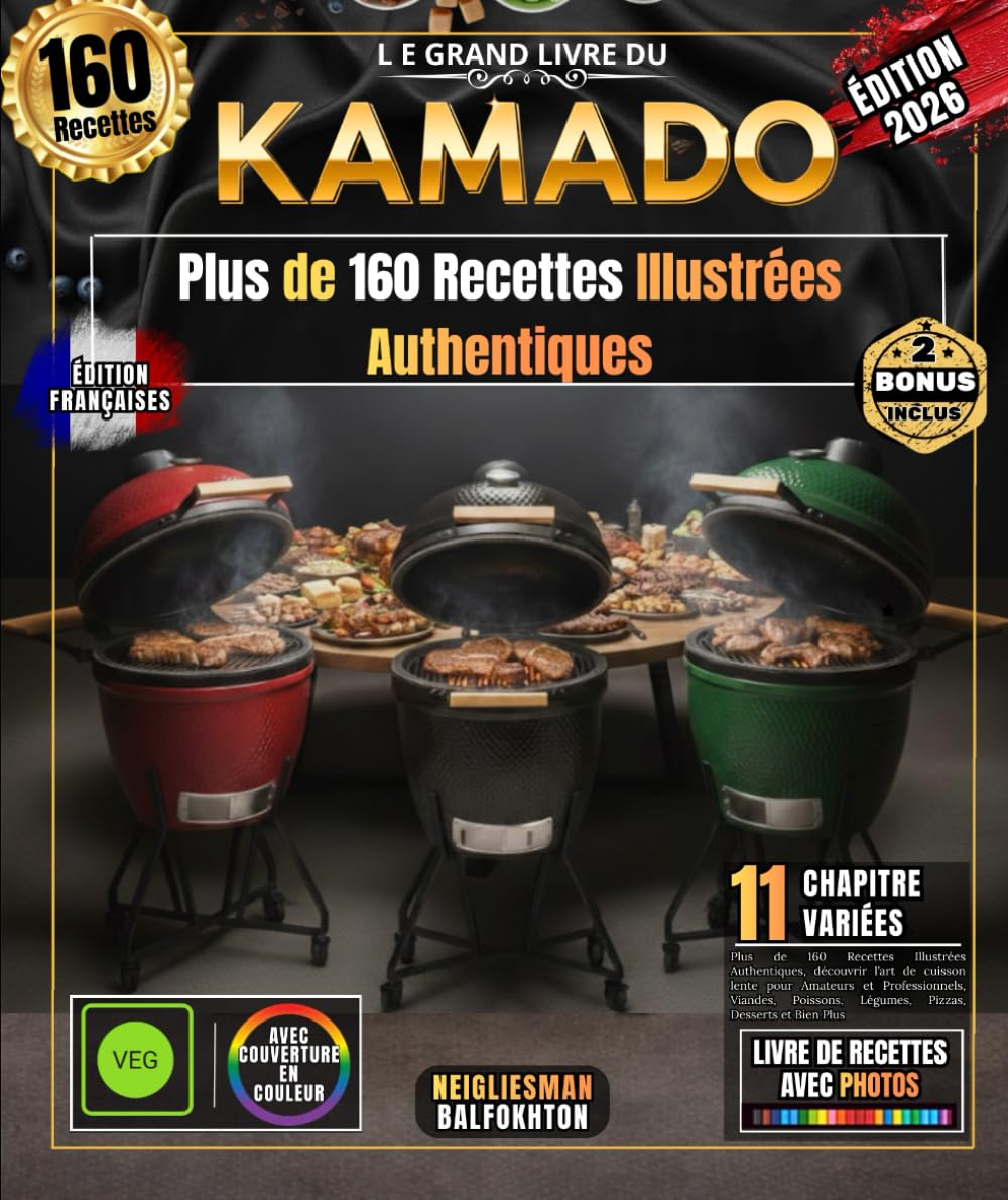 LE GRAND LIVRE DU KAMADO: Plus de 160 Recettes Illustrées Authentiques, découvrir l’art de cuisson lente pour Amateurs et Professionnels, Viandes, Poissons, Légumes, Pizzas, Desserts et Bien Plus
