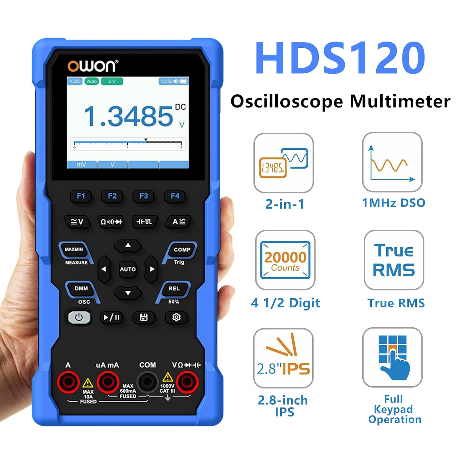 OWON HDS120 highlighting key features like 2-in-1, 1MHz DSO, 20000 Counts, True RMS, 2.8-inch IPS, and Full Keypad Operation.