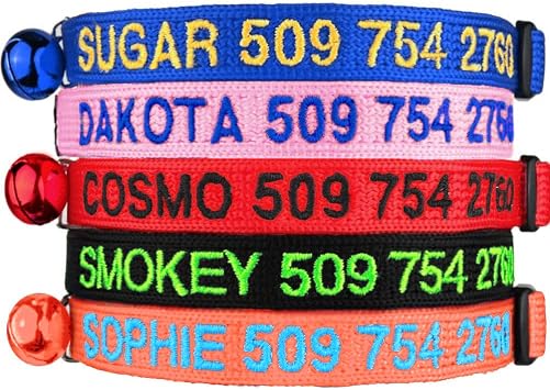 GoTags Personalized Cat Collar with Embroidered Name and Number, Safety Breakaway Buckle Snag-Proof Design, Adjustable Customized Nylon ID Collar with Bell for Cat or Kitten, 5 Color Options