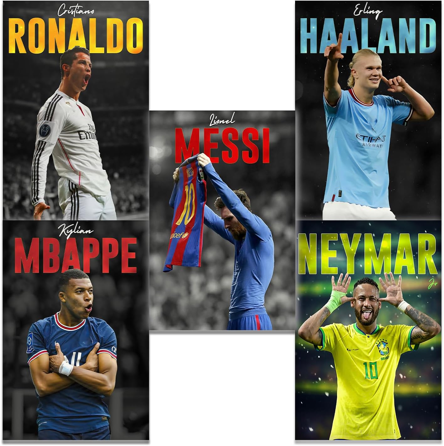 CNMLGB Canvas Poster Prints 5pcs Ronaldo Messi Neymar Haaland And Mbape Wall Decor Bedroom for Living Room Sport Room Gift for Fan Football Unframed:8x12inch(20x30cm)