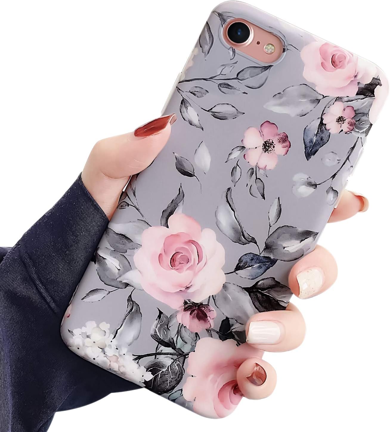 Ownest Compatible with iPhone 7, iPhone 8 Case with Pink Floral and Gray Leaves for Girls Woman Leaves with Flowers Pattern Romantic Elegant Soft TPU Protective for iPhone 7/iPhone 8-Pink Flowers
