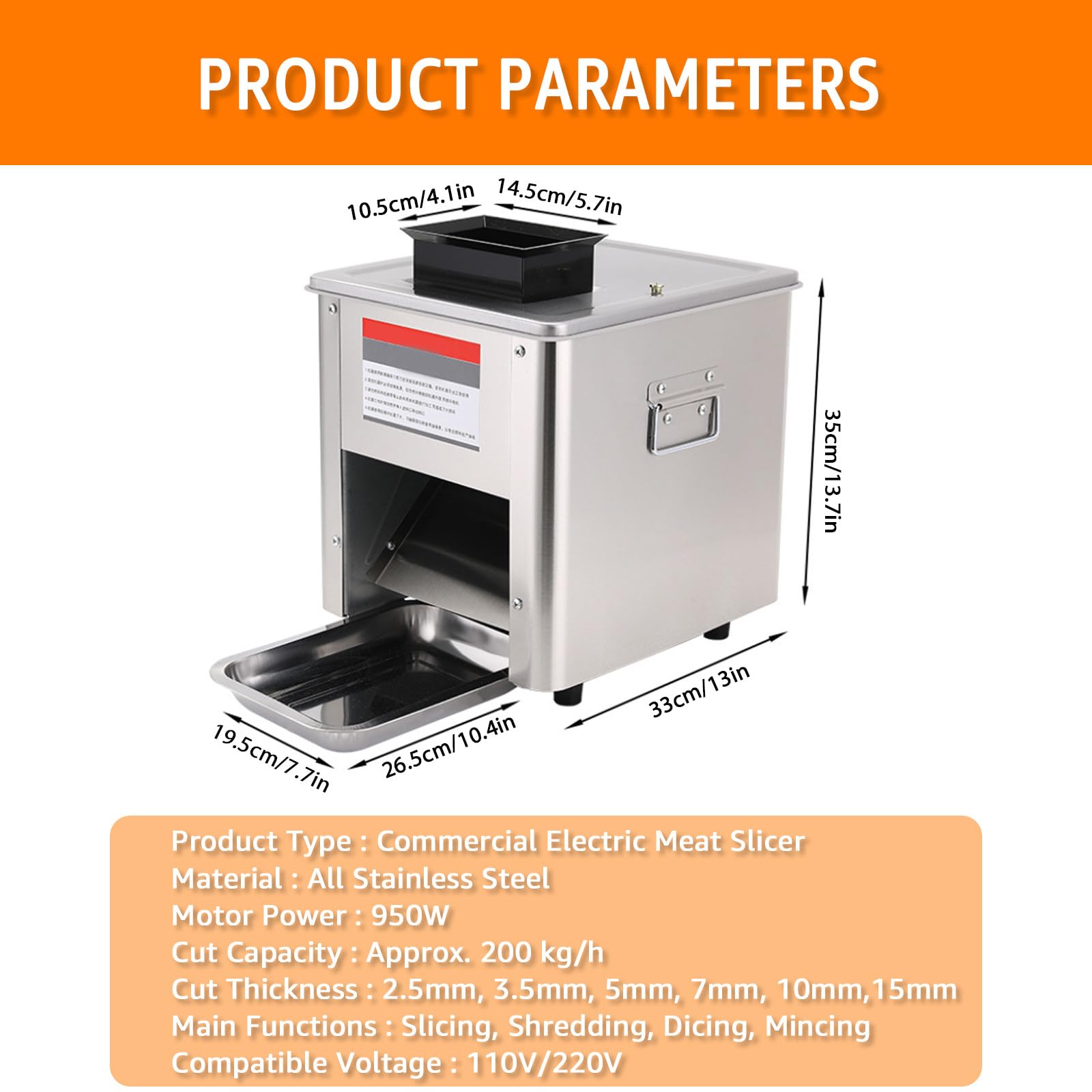 Picadora de Carne Profesional Cortadora Fiambre Grosor Regulable 2.5-15mm, para Cortar Carne, Alimentos Cocinados, Frutas Y Verduras BladeSpacing15mm