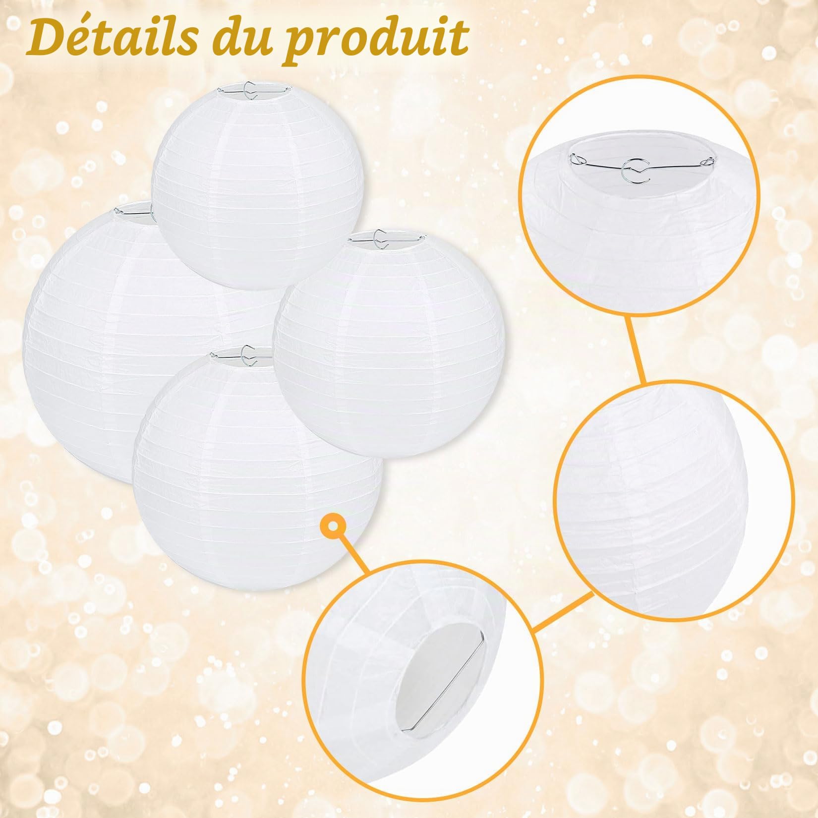 Idota Lot de 30 lampions en papier blanc avec lumières LED, lanternes en papier à suspendre avec 30 mini ballons LED blanc chaud, abat-jour rond en papier pour décoration de mariage, fête dans le