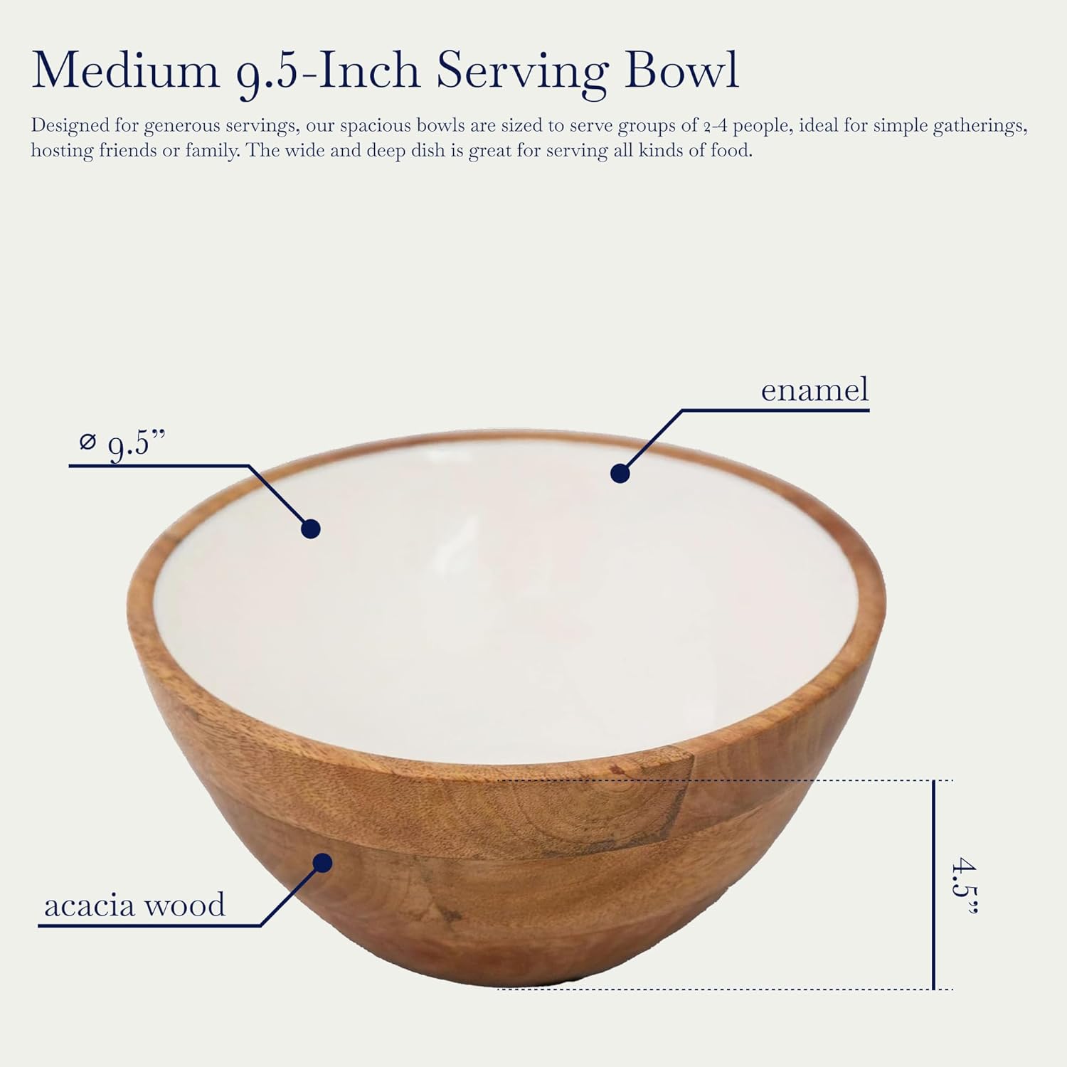 Wooden Bowl, 9.5" - Real Wood with White Interior, Medium Fruit Bowls for Kitchen Counter, Salad, Pasta, Candy Holder, Sauce, Decorative Serving Dishes, Hosting Essentials for Entertaining