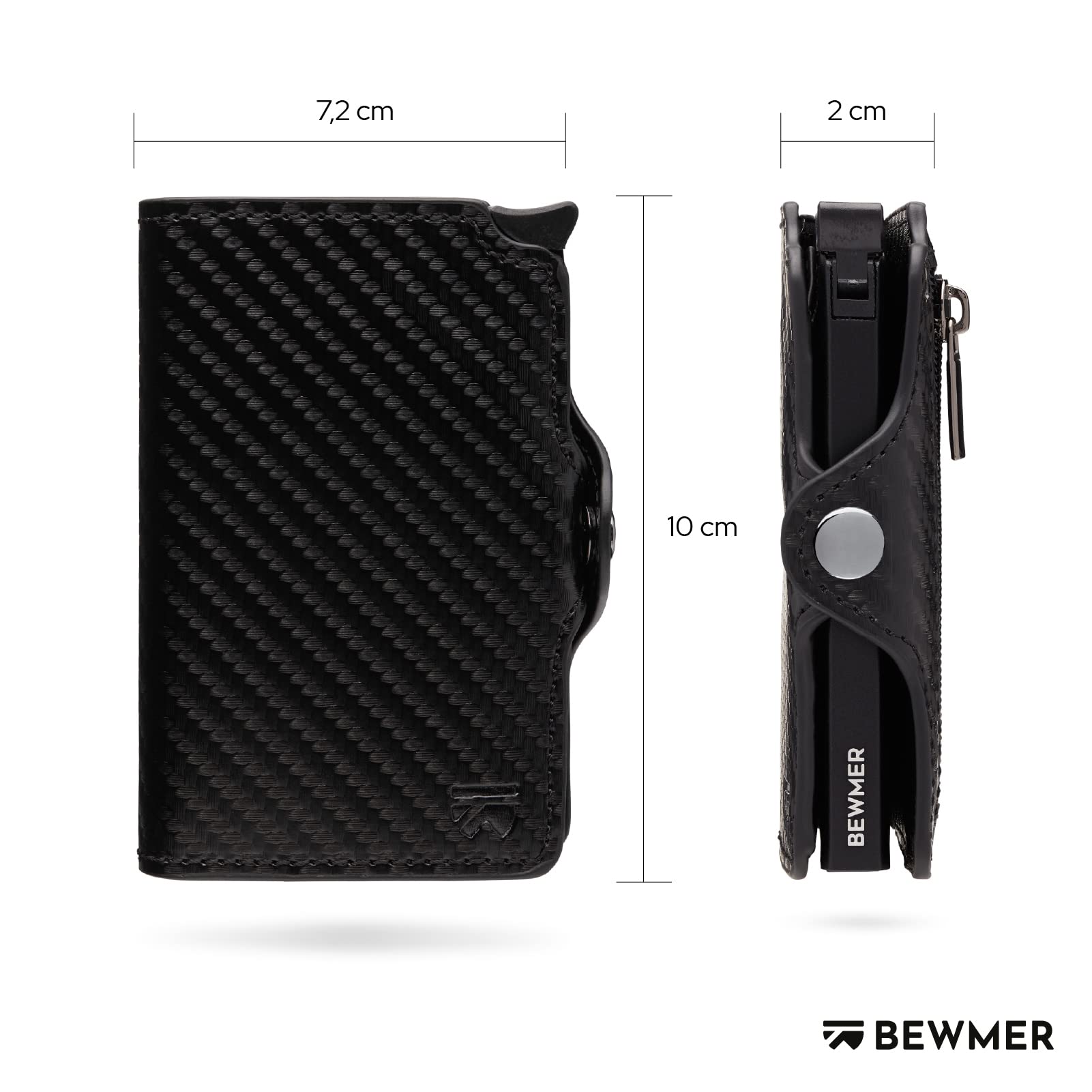 BEWMER Porta Carte di Credito 1 ZIP Schermato | Portafoglio Slim da Uomo e Donna | Porta Tessere e Documenti con Rfid Protection e Fermasoldi in Carbon Fiber (Nero Carbon con ZIP)