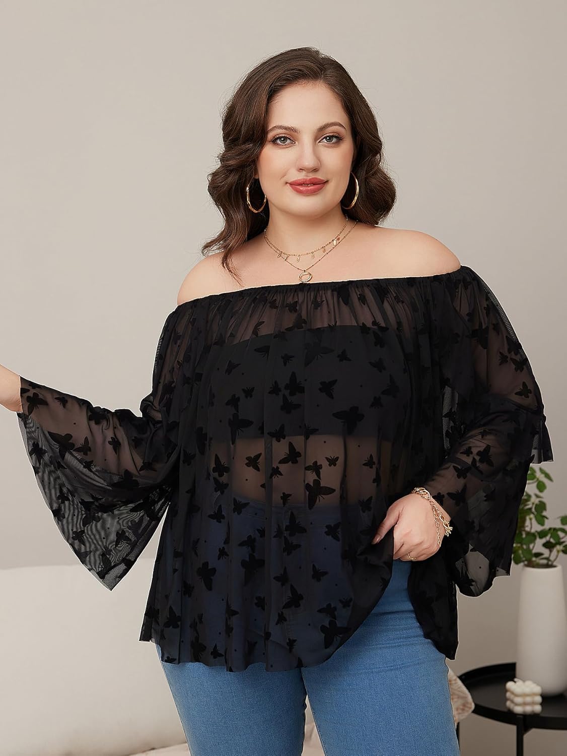 WDIRARA Women's Plus Size Butterfly Print Mesh Off Shoulder Long Sleeve Sheer Sexy Blouse Top - Image 3