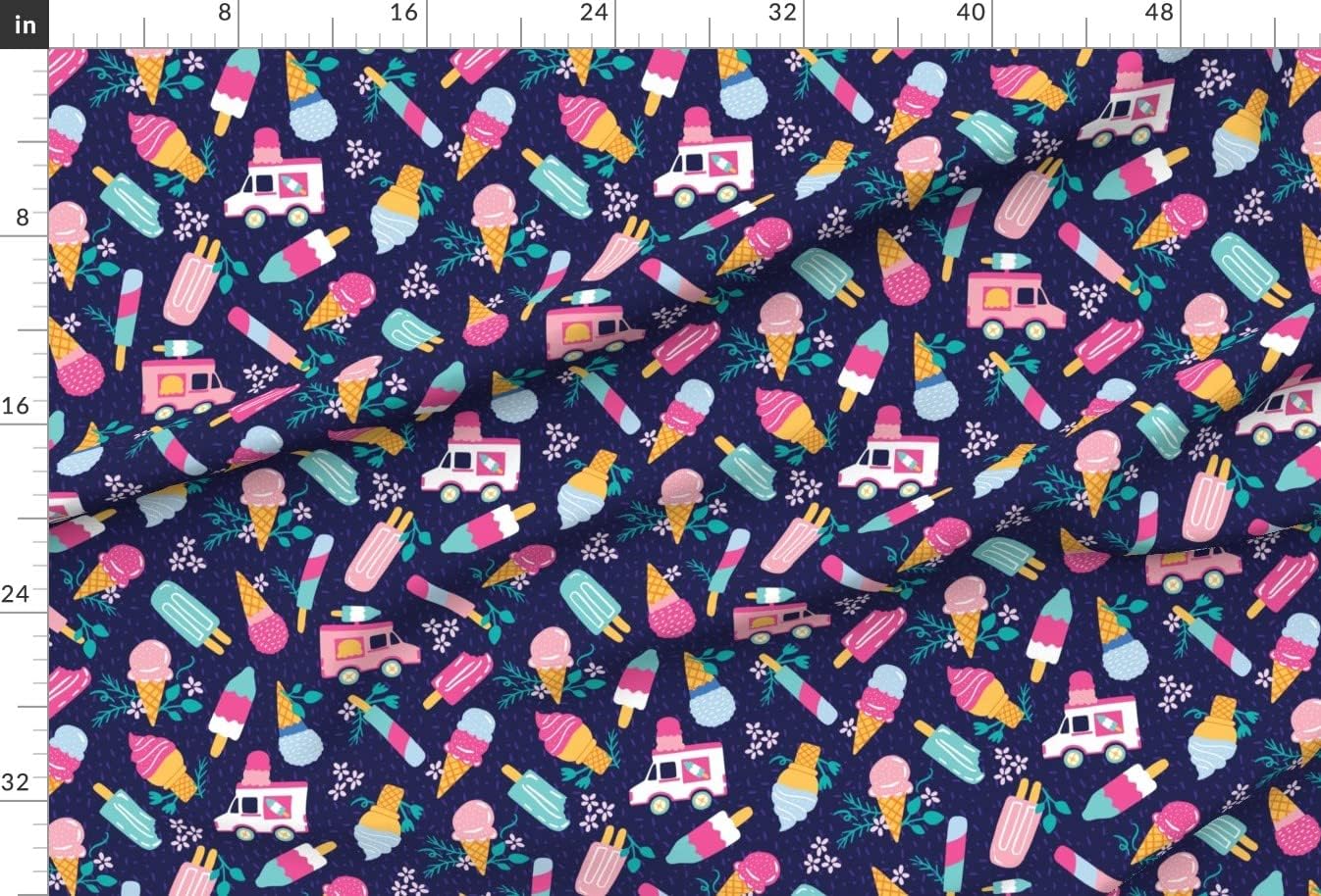 Spoonflower Fabric - Ice Cream Truck Floral Pink Teal Navy Fun Kids Printed on Upholstery Velvet Fabric Fat Quarter - Upholstery Home Decor Bottomweight Apparel