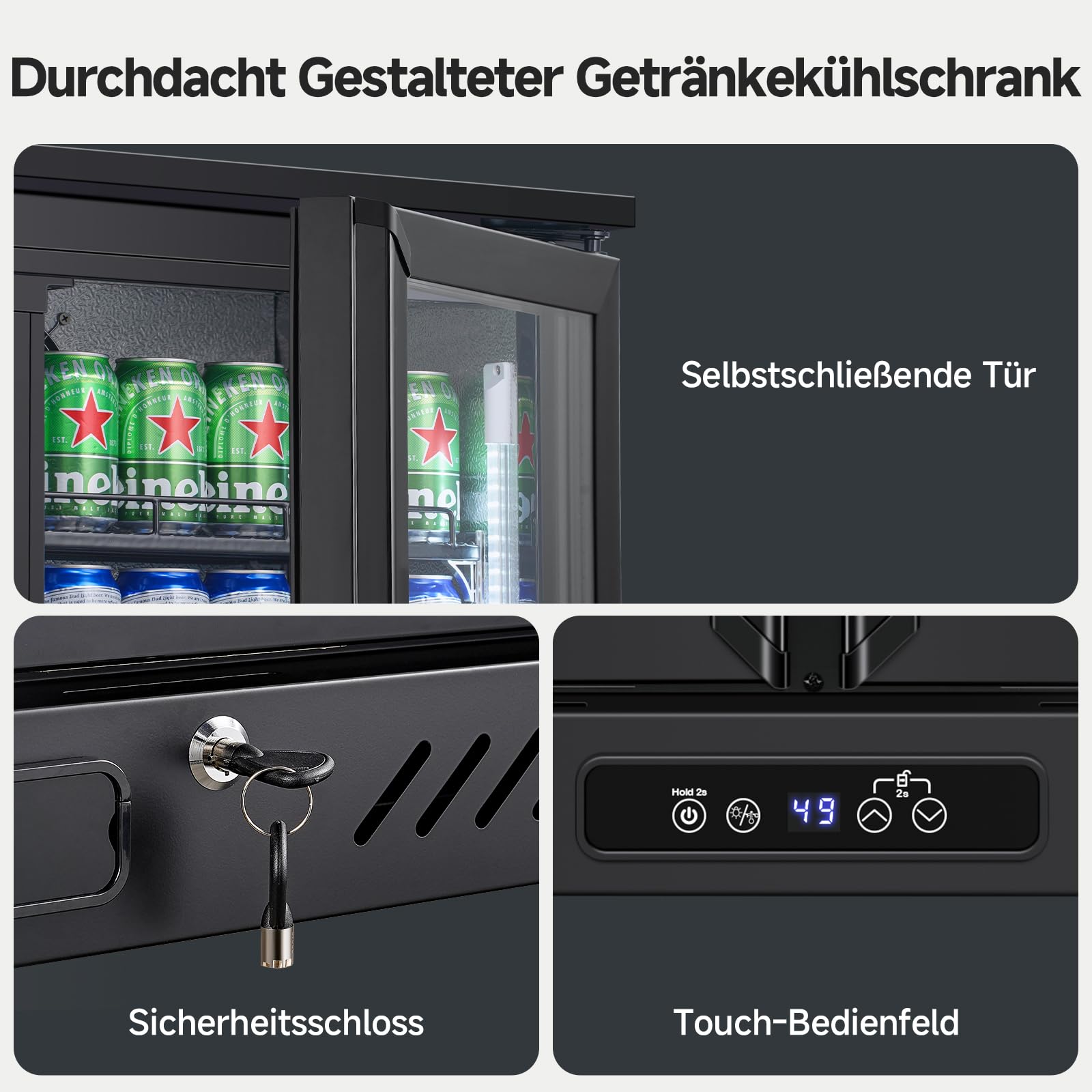 AAOBOSI Bierkühlschrank 339L Touch-Display 0–10°C LED-Seitenbeleuchtung Automatische Abtauung Sicherheitsschloss