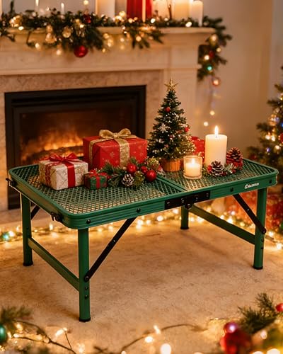 Miniatura 2 de Mesa plegable pequeña de 2 pies con asa de transporte, altura ajustable de 10.6" o 22", malla de metal verde, portátil y compacta