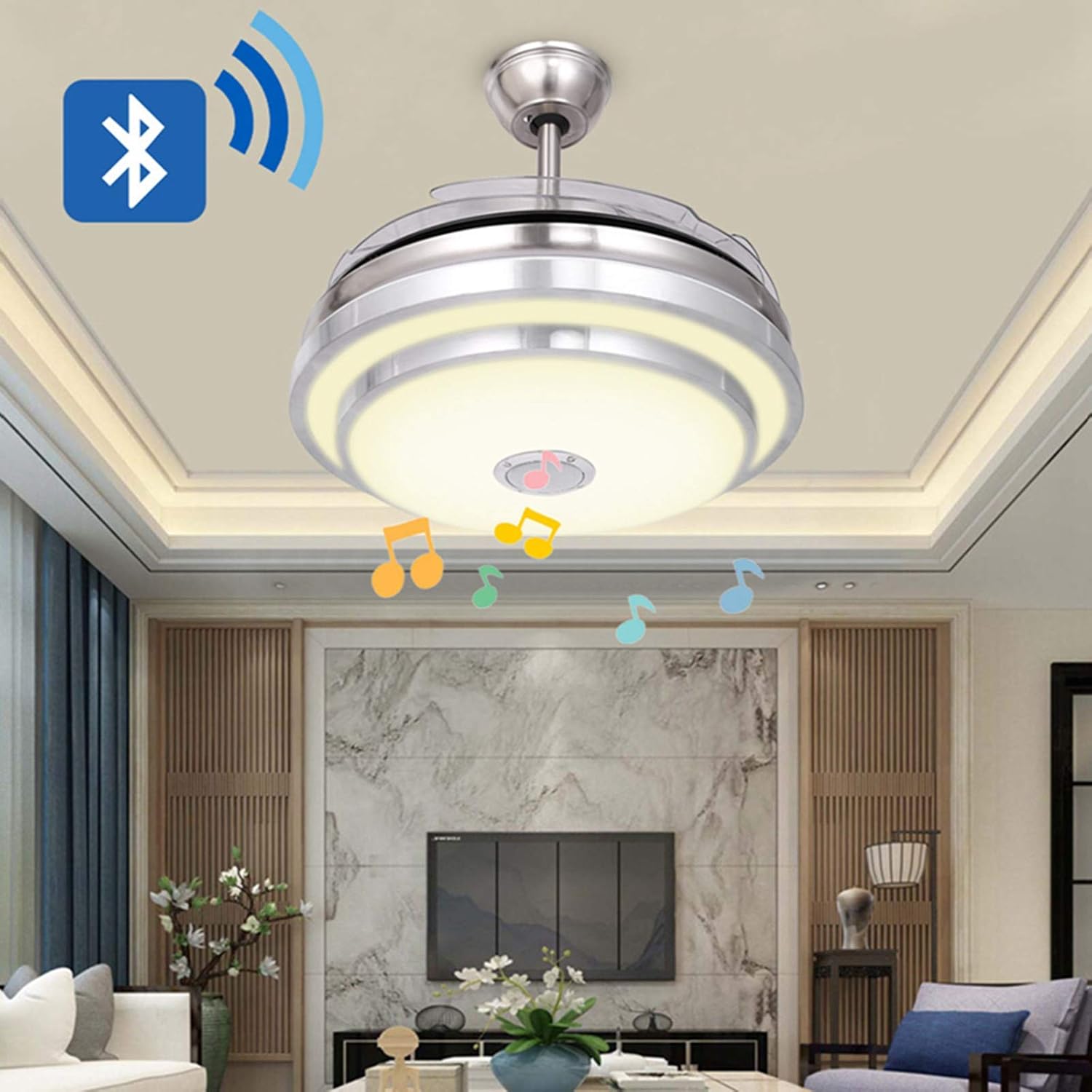 Popular RC LED Music Fan Ceiling Light Fixture, Ywindl Smart Bluetooth Speaker Chandelier Lamp with 3 Speed Invisible Fan, Remote control 3 Speed Round Lights for Bedroom, Living room, Kitchen (Sliver) Popular RC LED Music Fan Ceiling Light Fixture, Ywindl Smart Bluetooth Speaker Chandelier Lamp with 3 Speed Invisible Fan, Remote control 3 Speed Round Lights for Bedroom, Living room, Kitchen (Sliver)