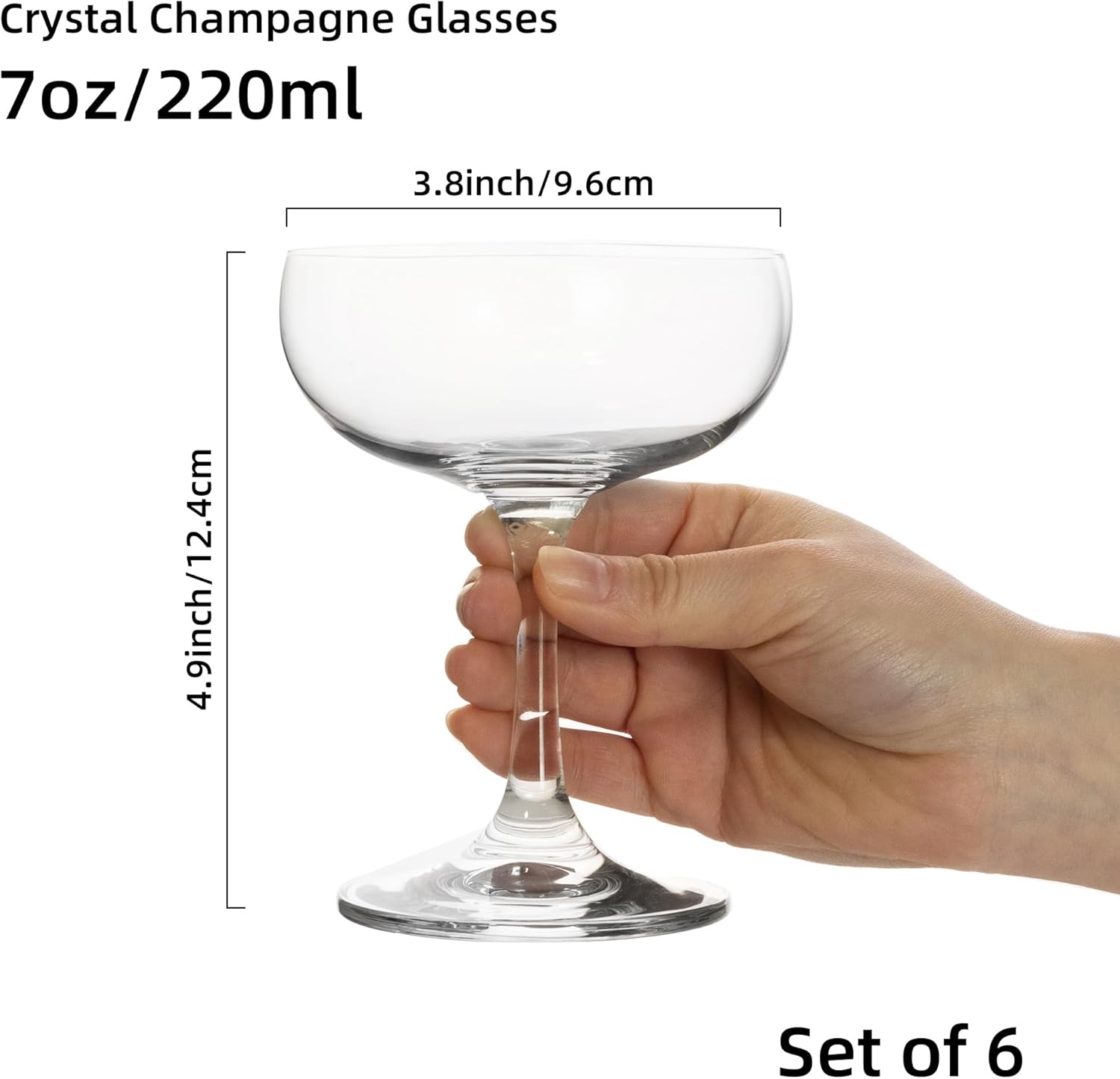 Set of 6 Crystal Champagne Glasses - 7 oz Elegant Coupe Glasses for Martini, Margarita, Cocktails & Champagne Tower, Dishwasher Safe, Gift Box Wedding & Party Glassware