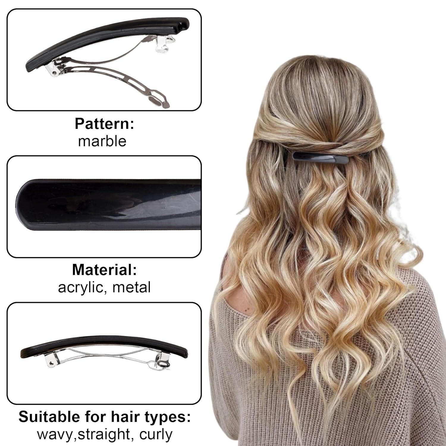 4PCS French Hair Clips for Women, Oval Shape 2.48” Big Tortoise Shell Spring Snap Hair Barrettes for Thin Long Fine Hair -Black, Red, Brown, Gray (Bright Color) - Image 3