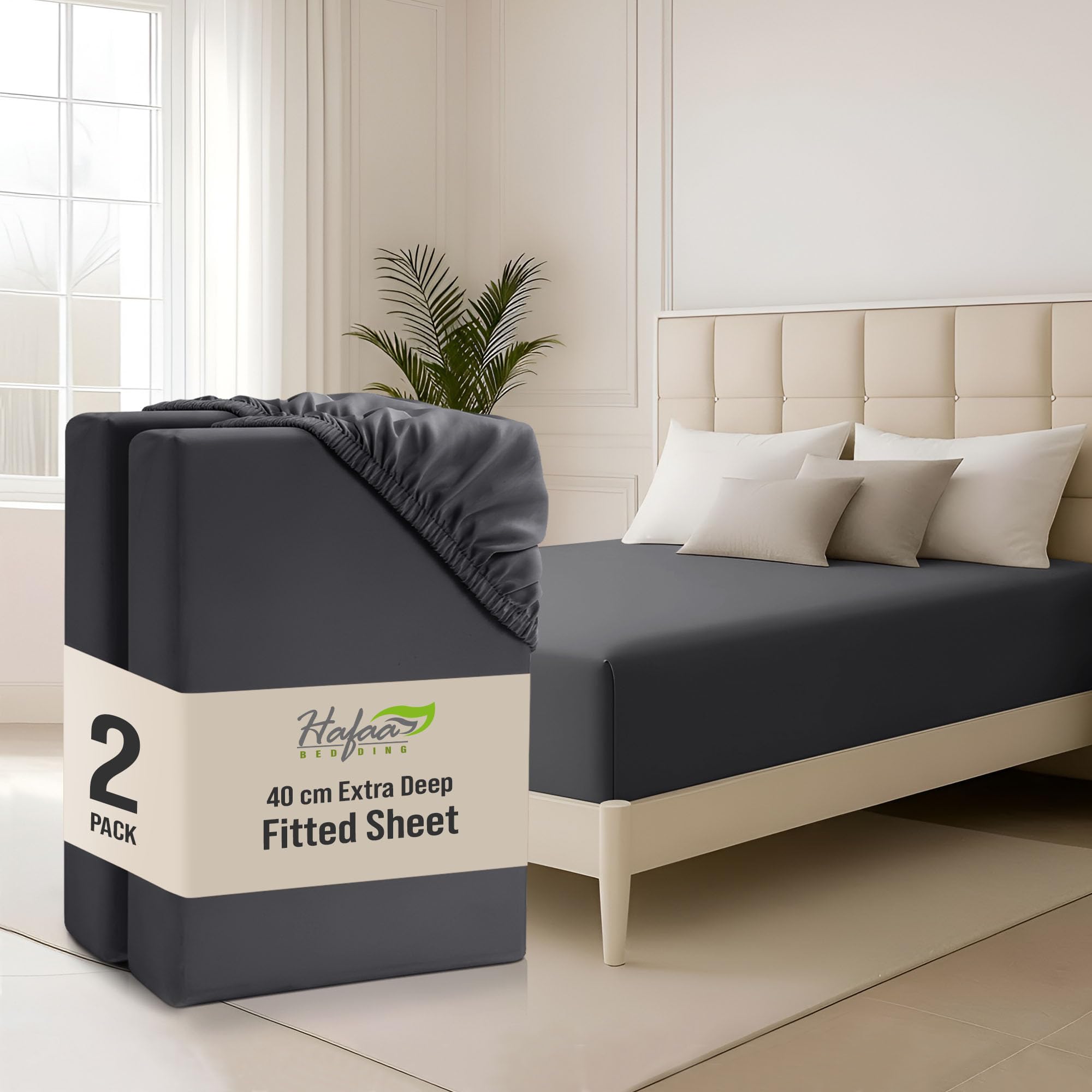 Hafaa Small Double Fitted Sheet 2 Pack 40Cm Deep Pocket 16 Inch Charcoal