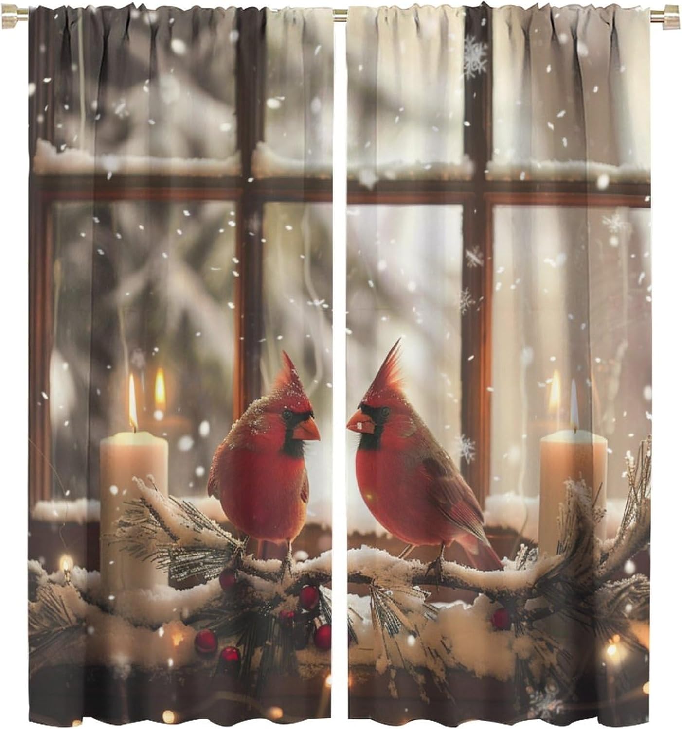 Retro Rustic Blackout Curtains for Bedroom Living Room, Rod Pocket Snowflakes Candle Red Bird Curtains Thermal Insulated Window Drapes 2 Panels, Each 21W x 45L