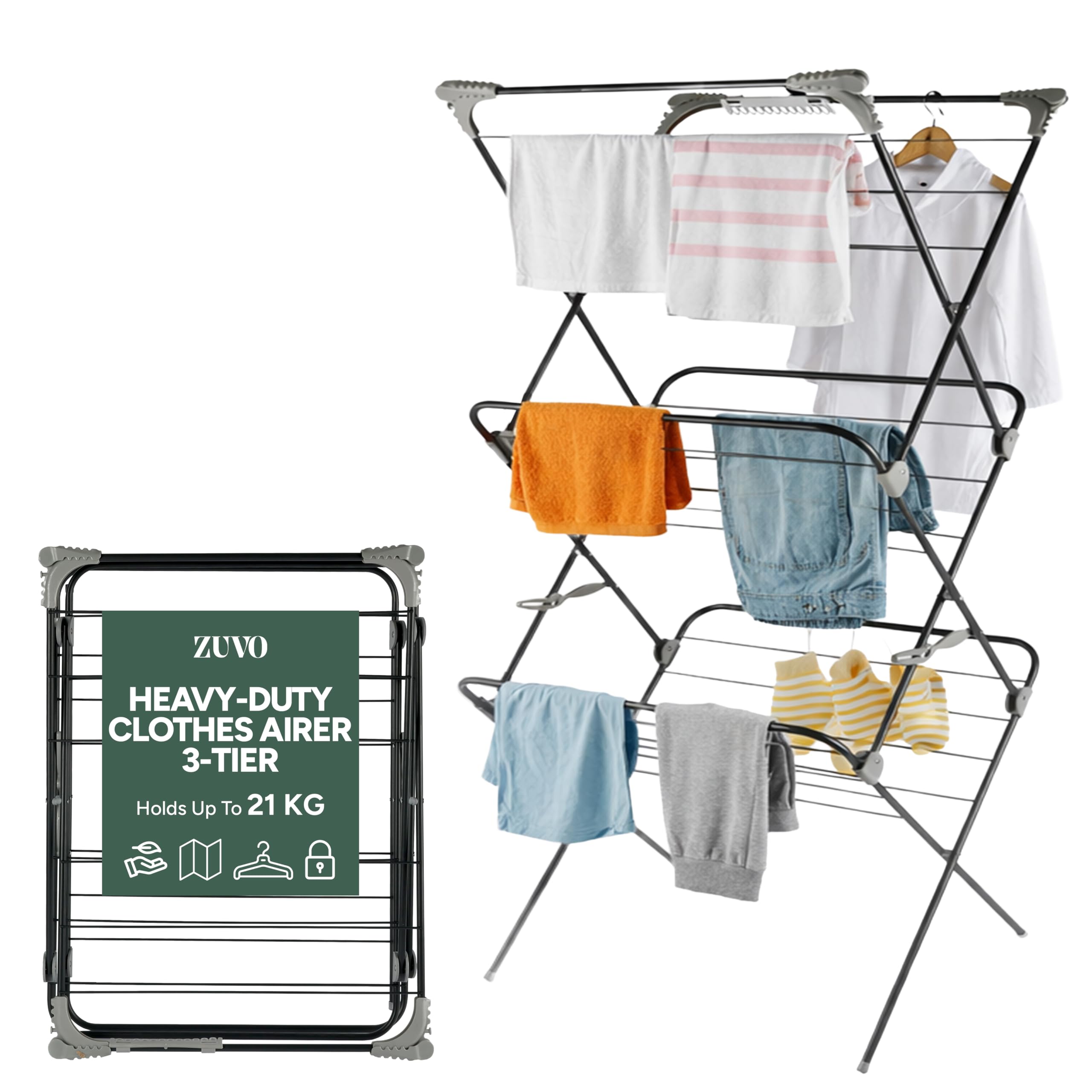 Zuvo Heavy Duty 3 Tier Clothes Airer Folding Drying Rack | Freestanding Laundry Stand for Home & Flat | Indoor Outdoor Space-Saving Clothes Horse for Towels, Delicates, Utility Room & Balcony