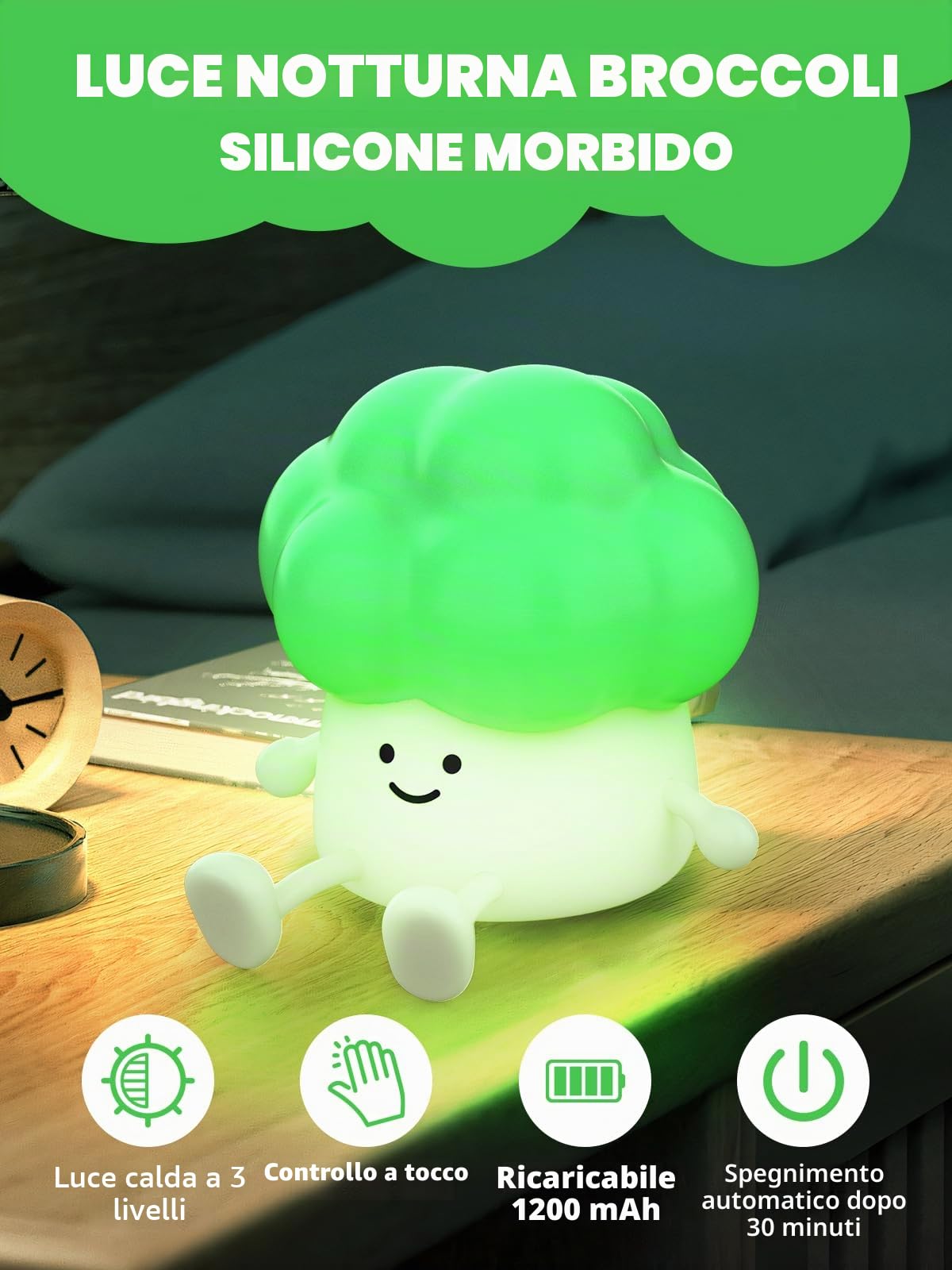 Smiling Shark Carino Lampada Notturne, Broccoli Ricaricabile LED Notturna Silicone Luce 3 Luminosità Sensore Tattile Cute Night Light Luci Notturne per Bambini Decorazione Regali
