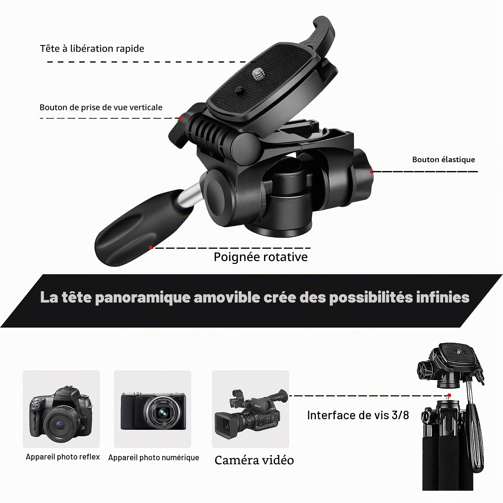 ZOMEi Trépied de Voyage Robuste de 188 cm - Trépied vidéo de Voyage Professionnel Compatible avec appareils Photo Reflex numériques, téléphones Portables, projecteurs, Jumelles, Lunette d'observation