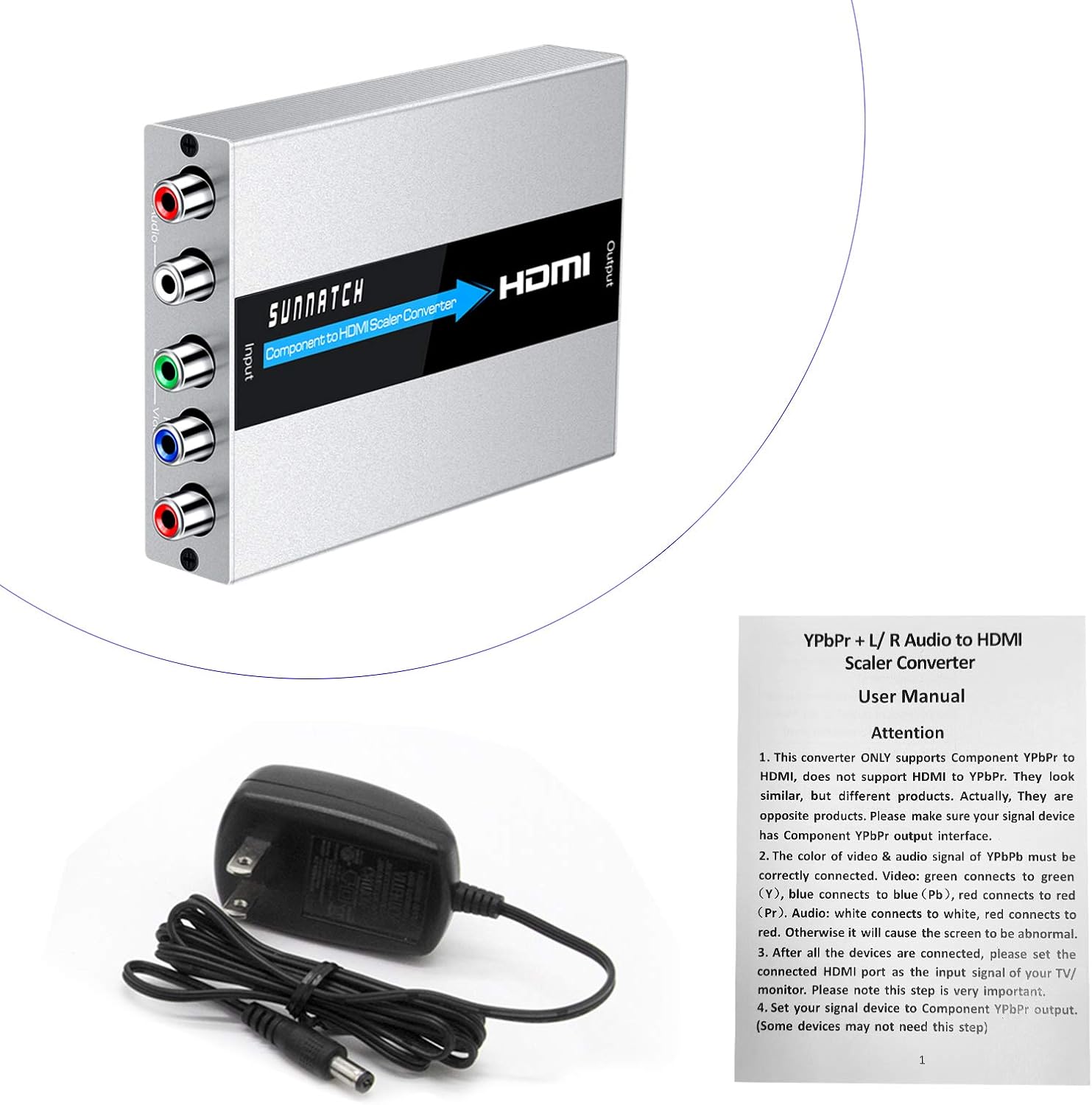 Component to HDMI Converter with Scaler Function, RGB to HDMI, 5RCA YPbPr to HDMI Converter Adapter, Component in HDMI Out Converter(1080P, Aluminum)