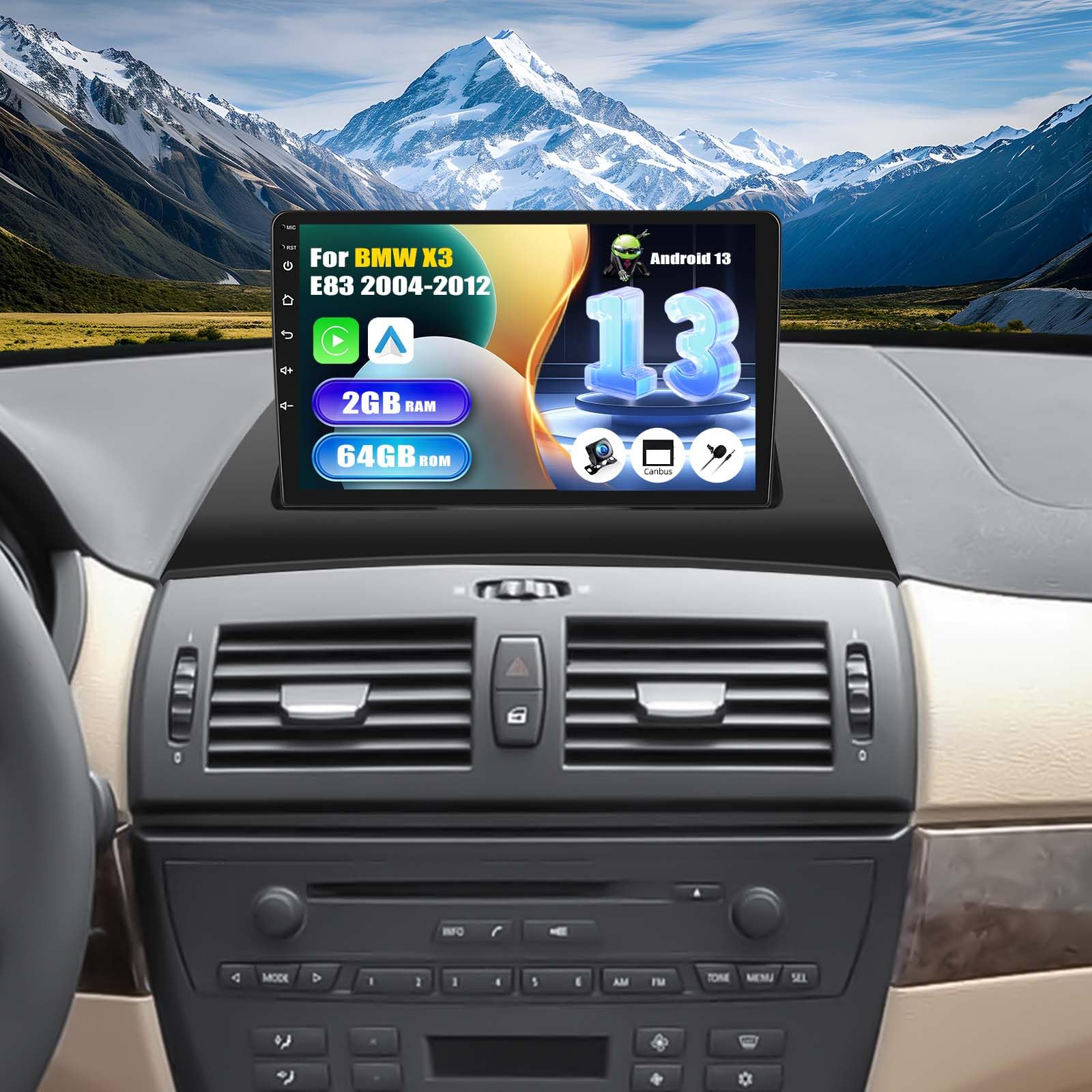 SIXWIN 2+64G Android 13 Radio Coche para BMW X3 E83 (2004-2012) con CarPlay&Android Auto&Mirrorlink,9 Pulgadas Pantalla Táctil con WiFi/GPS/Bluetooth/FM/RDS/USB/Mando en el Volante con Cámara