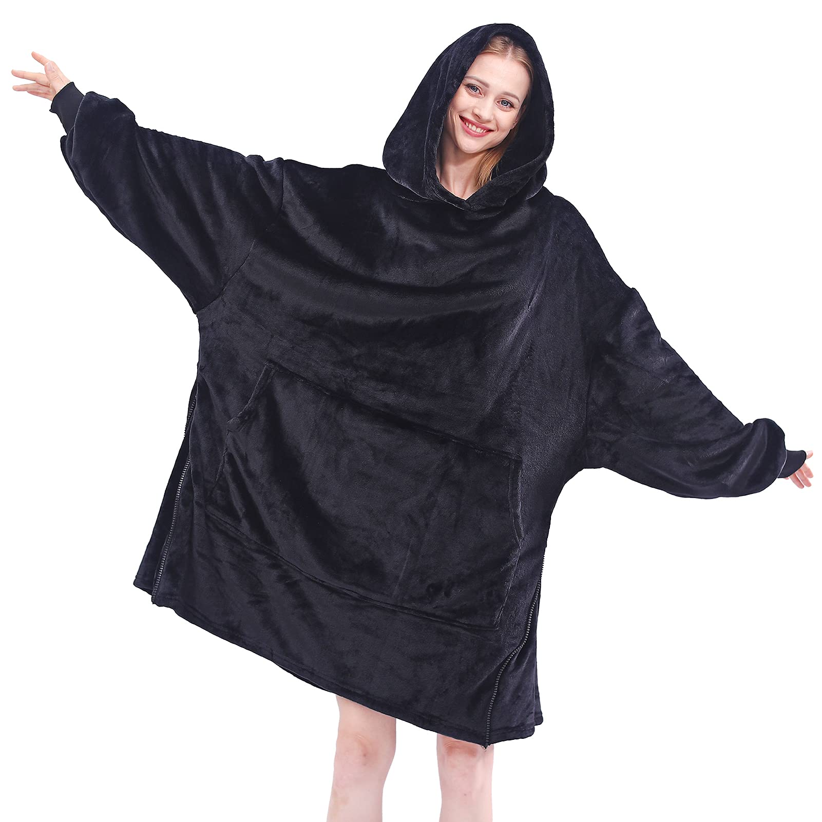 Bufims Wearable Blanket Hoodie, Adjustable Oversized Blanket Sweatshirt with Zipper, Lightweight and Comfy Black Wearable Blanket Gifts for Women, Men