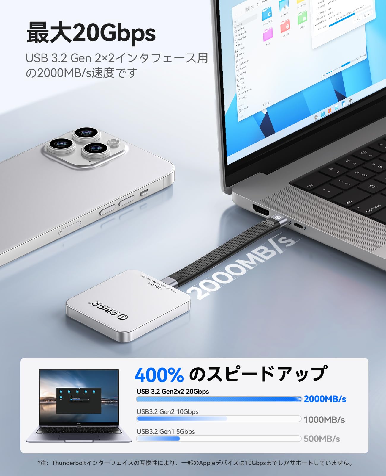 ORICO 2TB MagSafe対応 超薄型SSD外付け アルミニウム合金 iPhone 16/15 Pro Max用4K 120Hz ProRes HDR記録・保存 マグネット式ポータブルSSD USB3.2 Gen2x2 2000MB/s高速転送 USB-Cデバイス対応 - K20MINI - 4