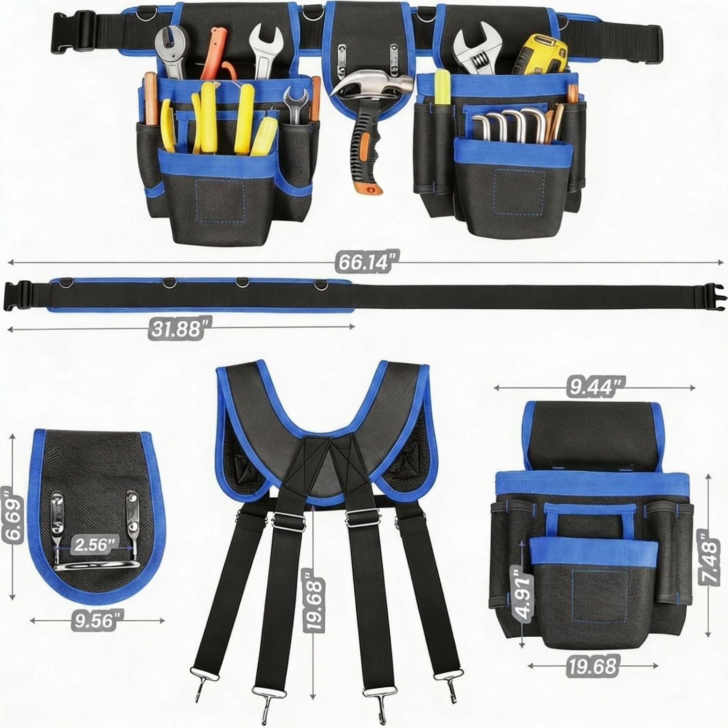 Magnetic Tool Belt, Heavy Duty Tool Pouch for men Magnet Holster Nail Utility Toolbelt Adjustable Waist Holder for Handyman Contractor (26 pockets with suspenders) (Blue) image 4