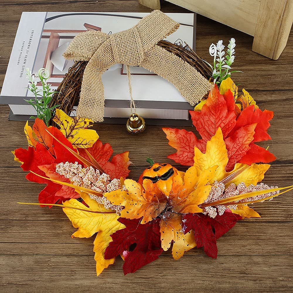 Decoración de otoño, 35 cm Calabaza Baya Hoja de Arce Puerta de otoño Guirnalda de Pared Adorno Guirnalda Día de Acción de Gracias de Halloween Decoraciones de Ventana de otoño con una Campana