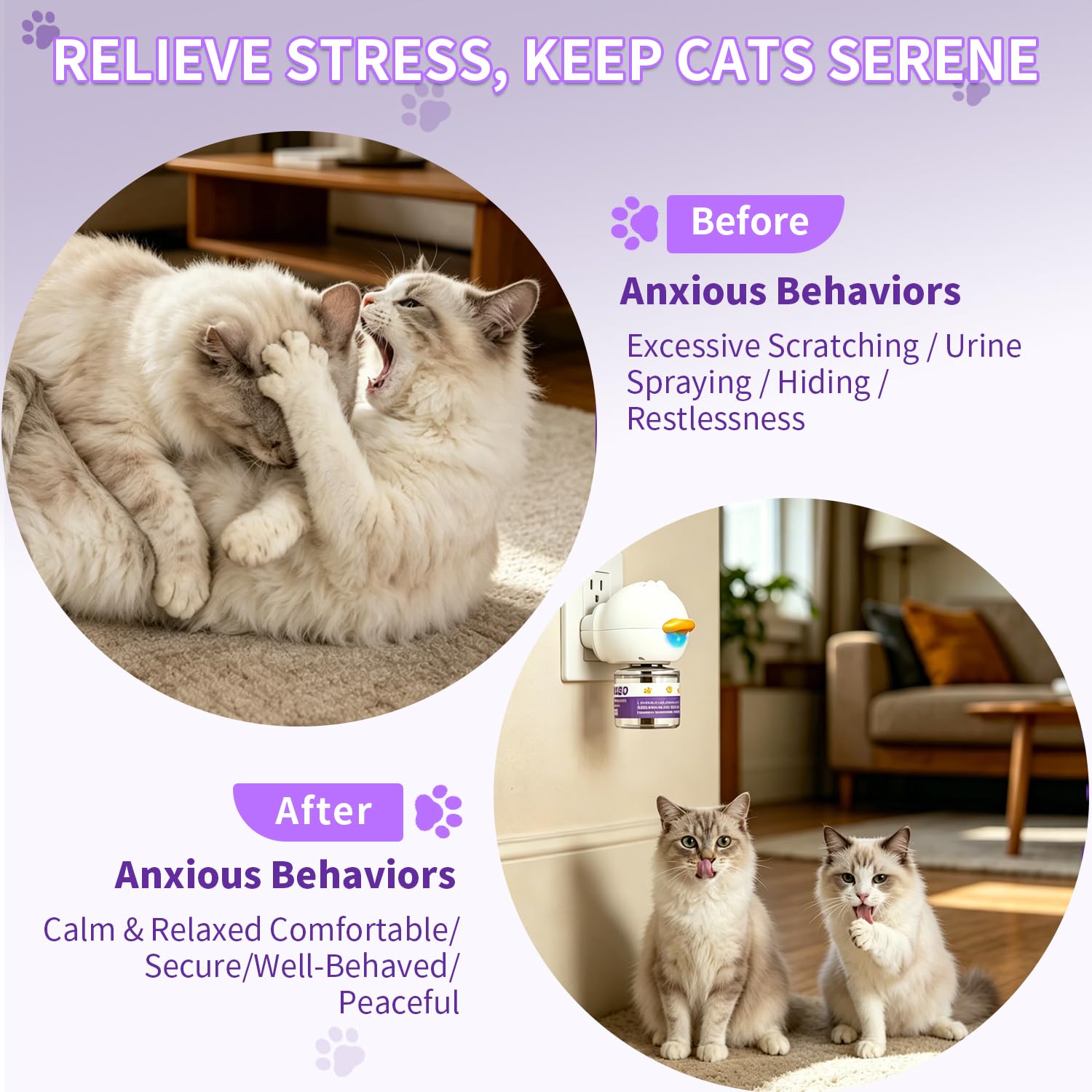 Kit diffuseur apaisant pour chat avec 2 diffuseurs et 4 recharges (48 ml chacun), diffuseur apaisant aux phéromones de chat pour soulager l'anxiété, réduire le stress et soutenir le comportement