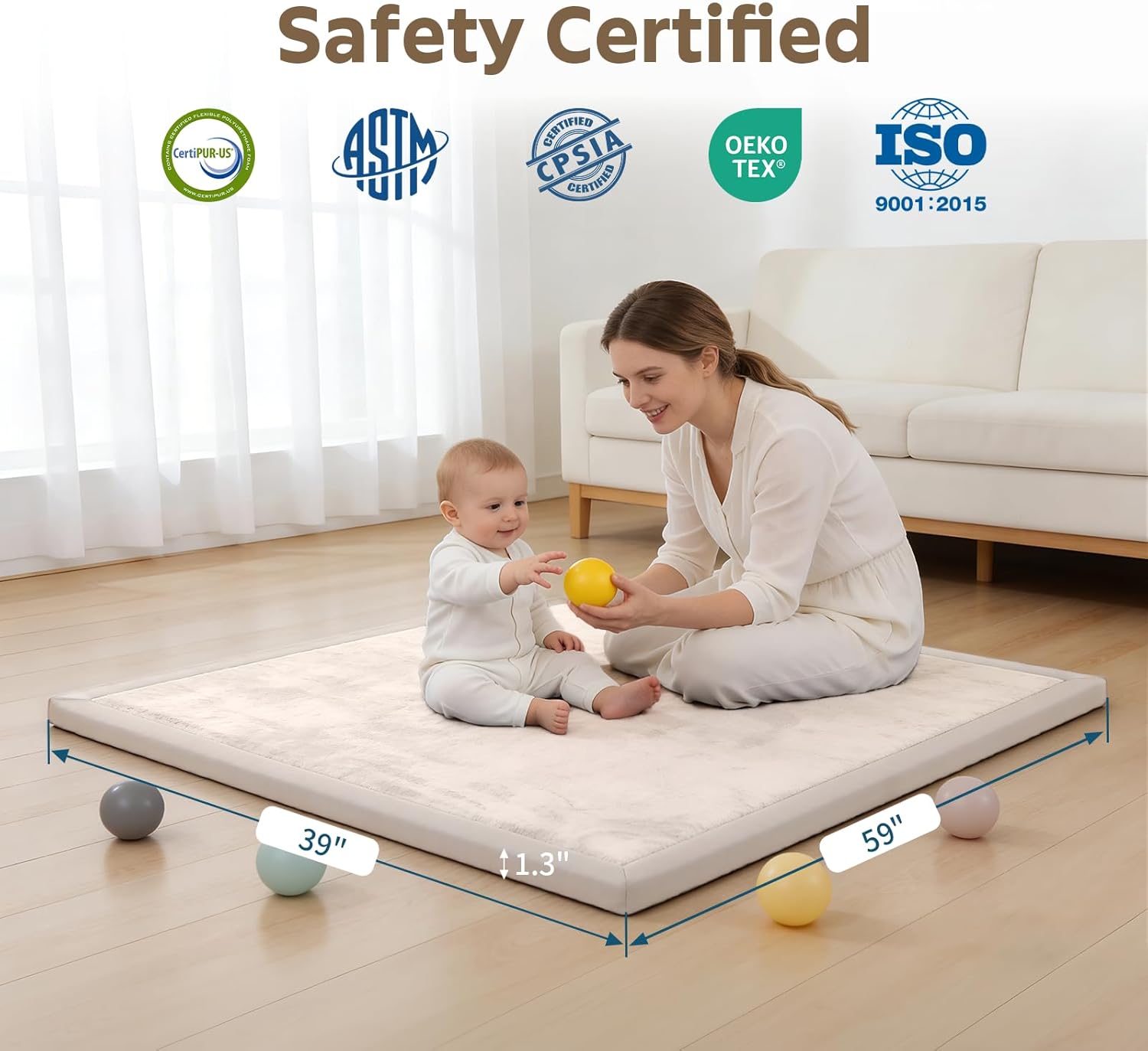 Baby Play Mat for Floor, Playpen Mat, 1.3" Thick Memory Foam Tummy Time Mat, Soft Coral Velvet Nursery Rug, Easy-Care & Non-Slip Cushioned for Infants, Kids, Toddlers Crawling
