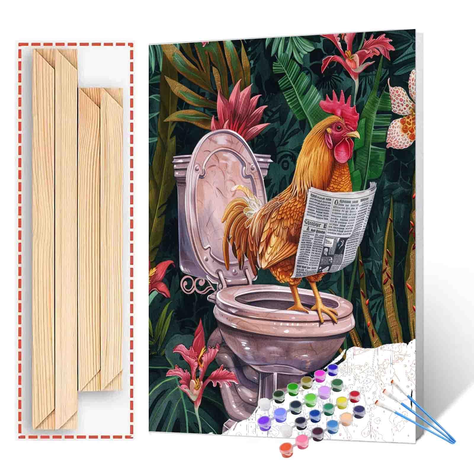Tucocoo Funny Chicken Painting by Numbers Kit with Brushes and Acrylic Pigments on Canvas Painting for Adults, Animals in the Toilet, Wall Decor, 40 x 50 cm (DIY Framed)