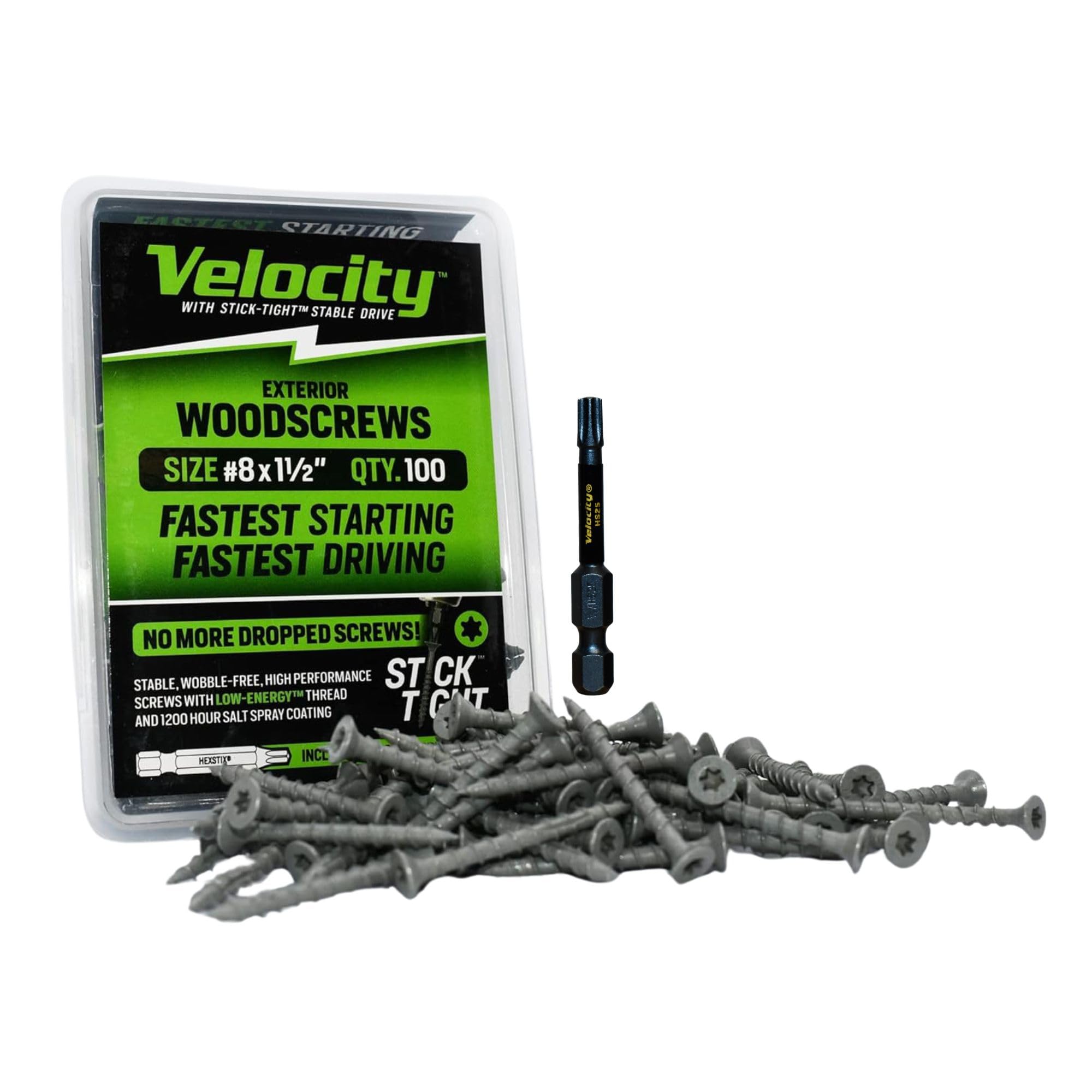 Velocity Exterior 1 1/2 Wood Screws DIY Pack (Size #8) Fence Screws for Wood, Stick Tight Technology, Made with Carbon Steel, Includes 1 Hexstix Drive