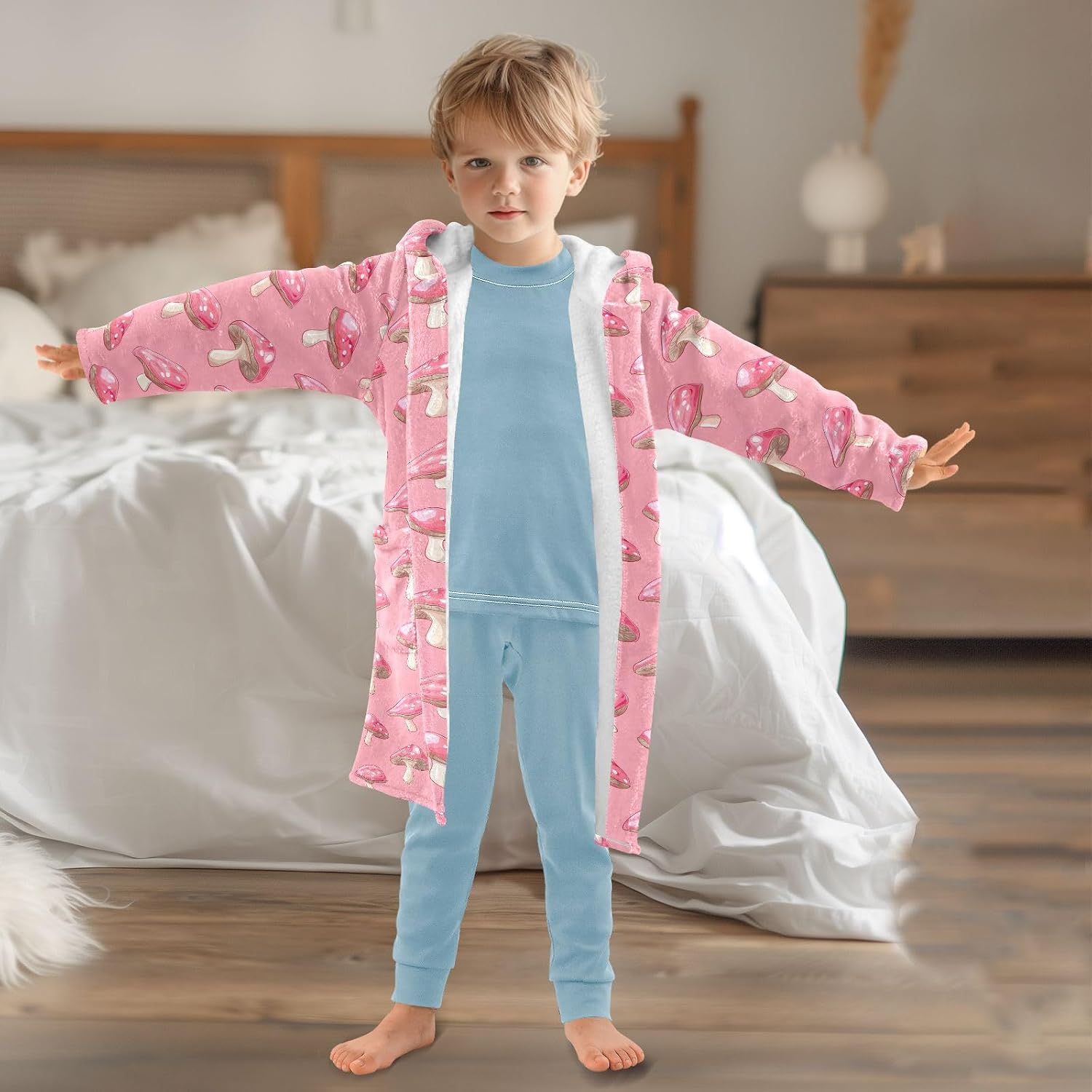 senya Pink Mushroom Toddler Hooded Bathrobe Kids Soft Plush Bath Towel Robes for Boys Girls 2-12 Years