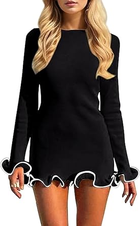Seyumixi Women Ruffled Knit Mini Dress Long Sleeve Bodycon Party Club Short Dresses Lettuce Hem Knitted Dress