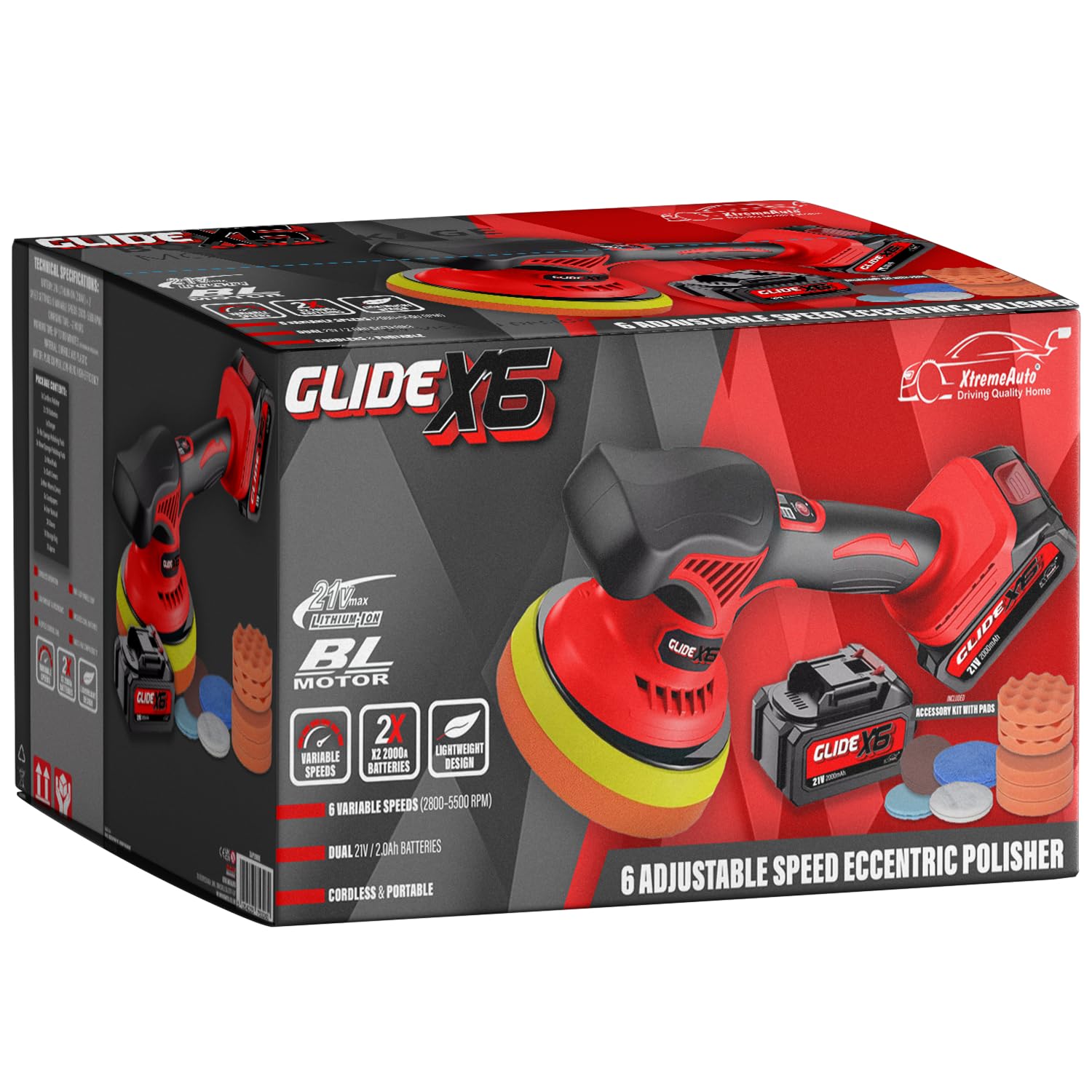Xtremeauto Glide X6 Cordless Dual Action Car Polisher Kit – 21V Brushless Buffer & Waxing Machine with 2 Batteries, Variable Speed Orbital Polishing Tool for Car Detailing, Scratch Removal & Finishing — view 9