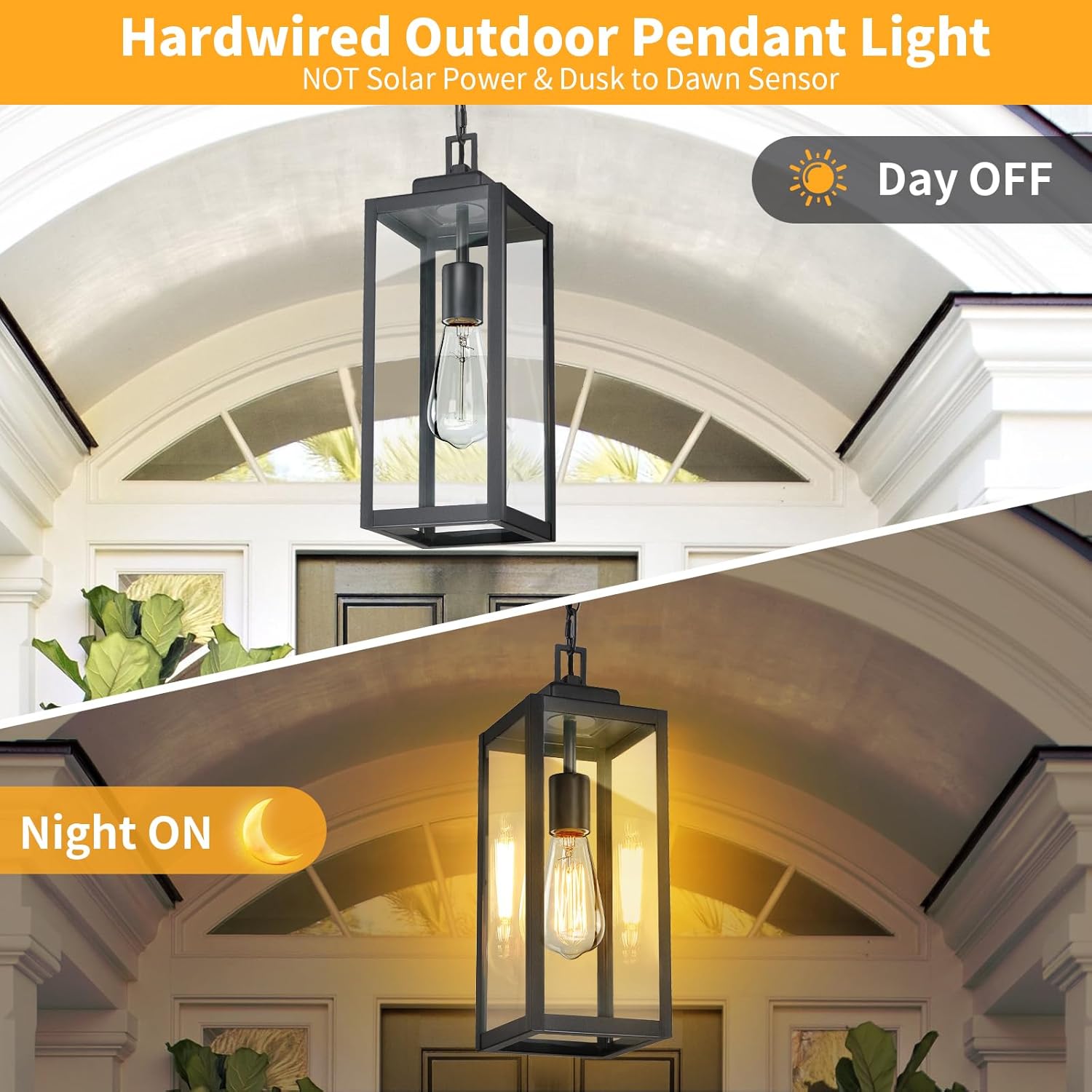 2 Packs 15'' Large Outdoor Pendant Light, Modern Outside Chandelier Outdoor Hanging Lantern Light, Matte Black with Clear Glass, Exterior Pendant Lighting Fixture Ceiling Mount for Porch, Gazebo