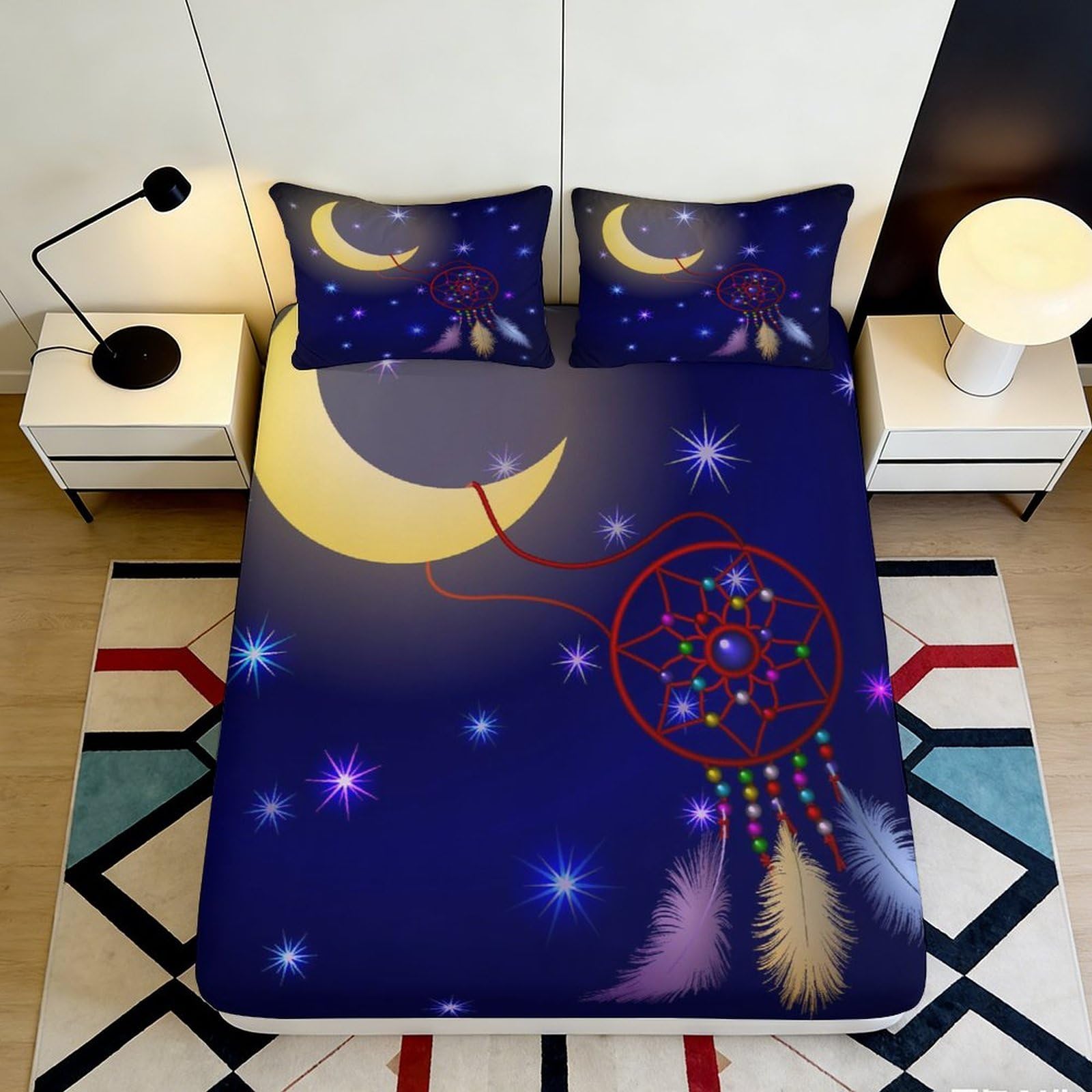 3D Printed Moon Dreamcatcher Fitted Sheet Microfiber Navy Blue Bed Cover for Bedroom Dorm Mattress Decor 90x200x25cm