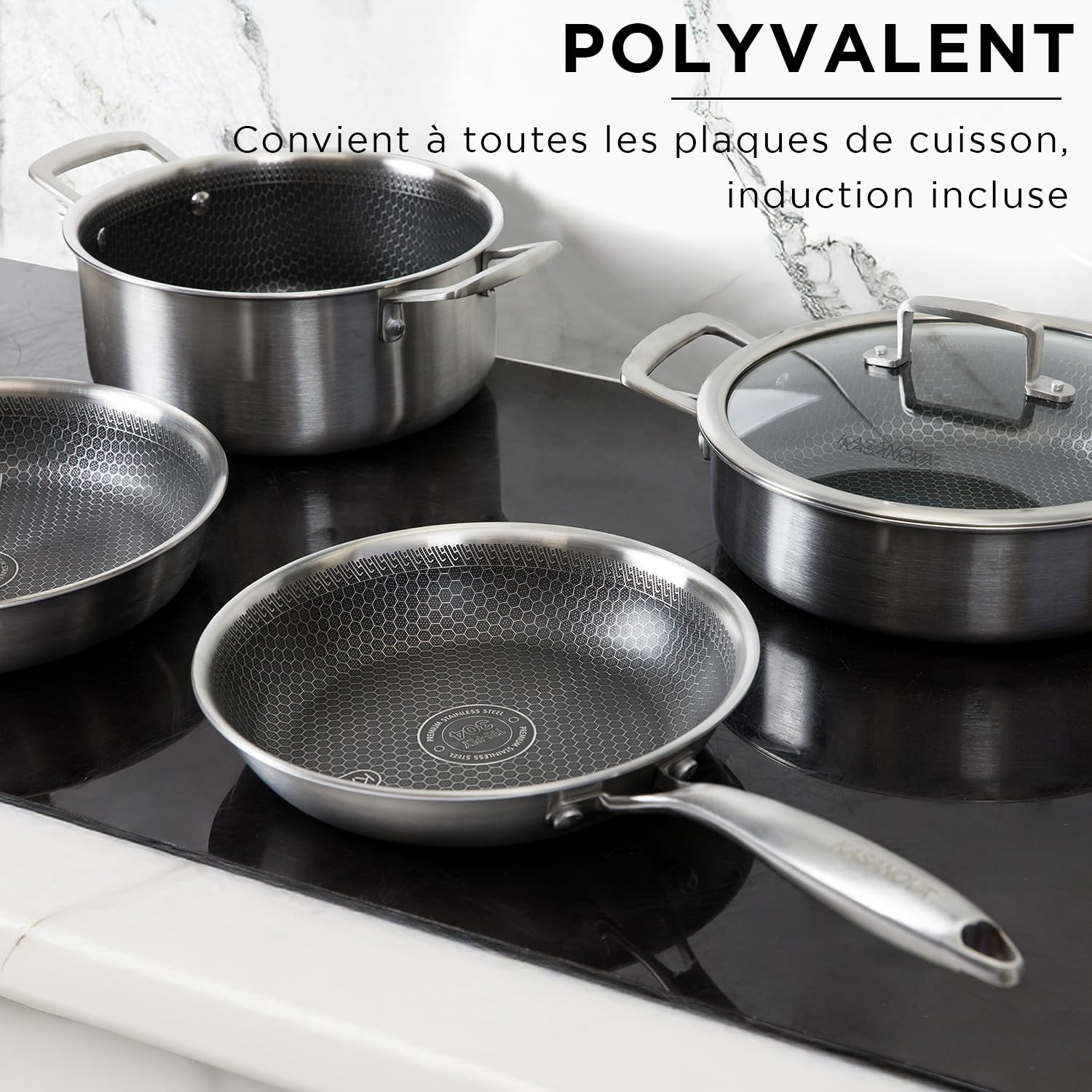 KASANOVA Batterie de cuisine Tri-ply, Ensemble de casseroles et poêles en acier inoxydable à trois couches, Casseroles antiadhésives compatibles avec tous types de plaques de cuisson (5 pièces)