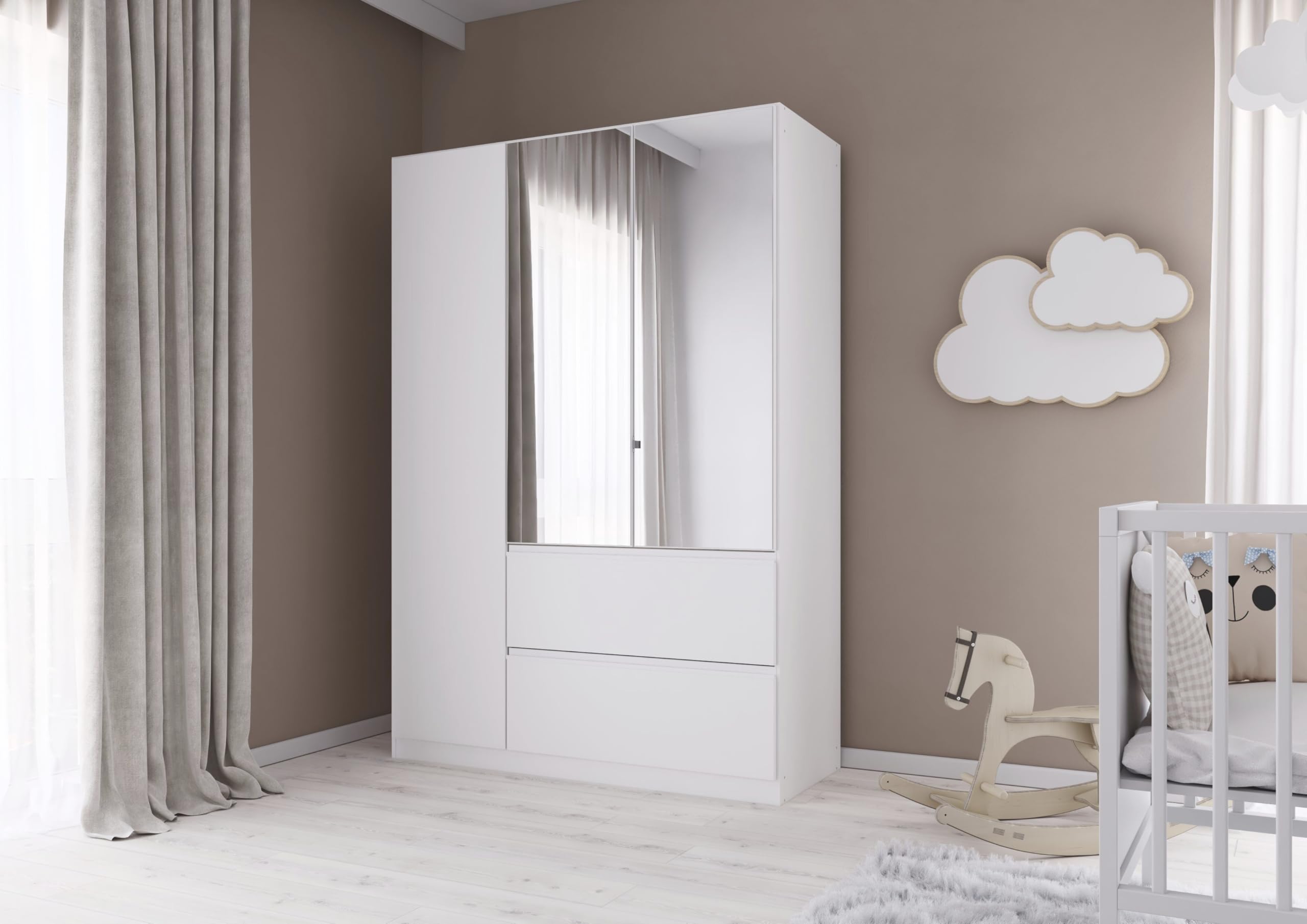 Rauch Möbel Costa, Kleiderschrank für Schlafzimmer, Kinderzimmer, Babyzimmer, Jugendzimmer, Flur, Garderobe 3-türig, Spiegel, 2 Schubladen, Push-to-Open, Farbe Weiß, Breite 136 cm
