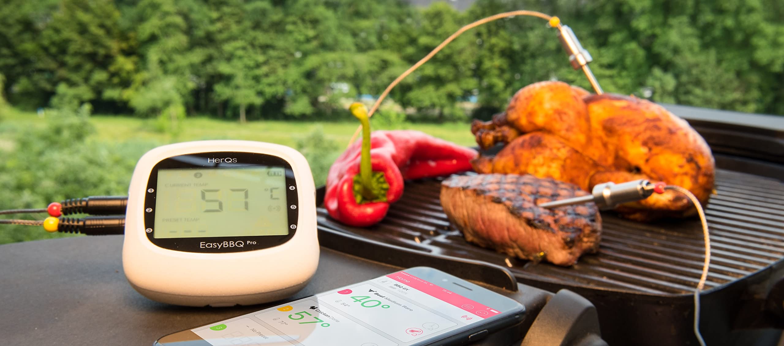 herQs EasyBBQ Pro Fleischthermometer Digital – Smart Bluetooth BBQ Grillthermometer Kabellos mit 2 Sonden – Erweiterbar auf 6 Sonden – Für Grill, Ofen & Smoker