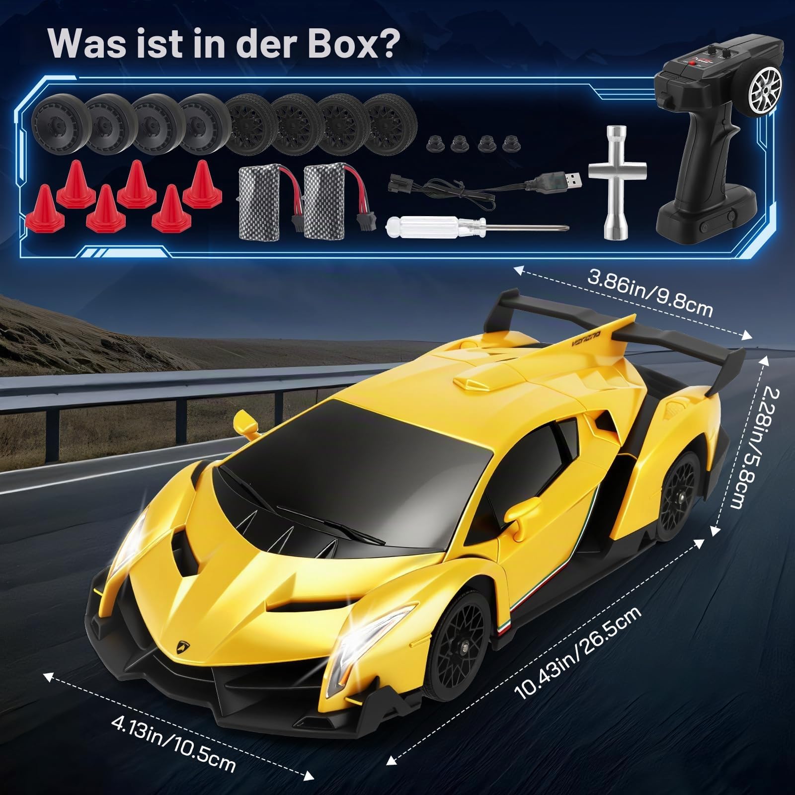 Lamborghini RC Car, 2.4 GHz Ferngesteuertes Auto, 1:18 4WD RC Drift Auto mit LED Leuchten, 35 KM/H Mini Drift Auto Ferngesteuert für Jungen ab 6 7 8 9 10 11 12+ Jahre(Gelb)