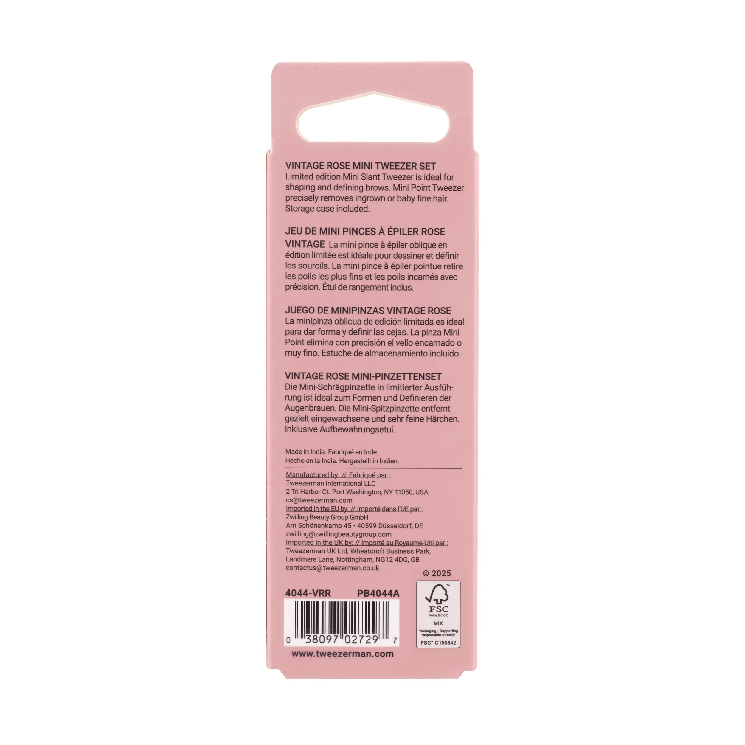 TWEEZERMAN Set de Mini Pinzas para Cejas de Precisión con Funda de Cuero, Vintage Rose