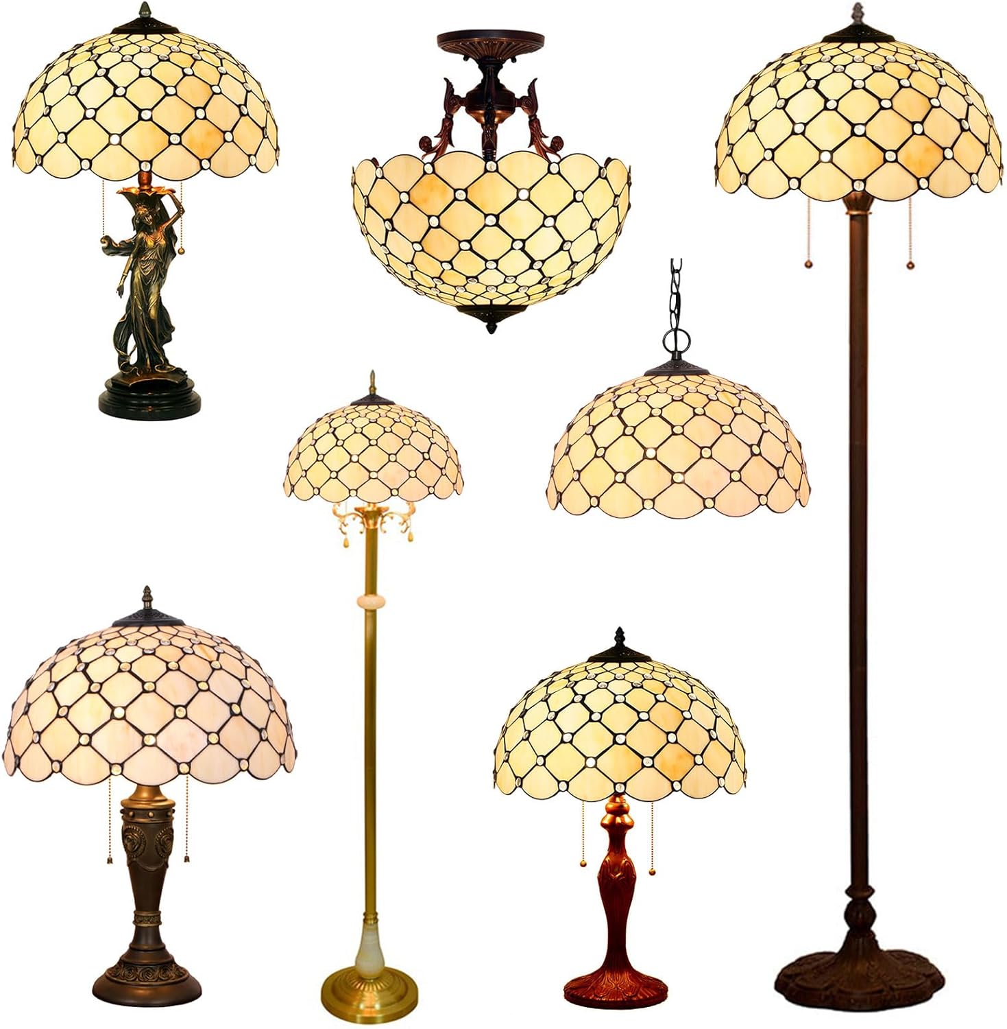 Tiffany Lamp Shade Replacement 16X8 Inch Cream Amber Stained Glass Bead Lampshade Only with Cap Fit for Table Lamp Pendant Light Floor Lamp Ceiling Fixture