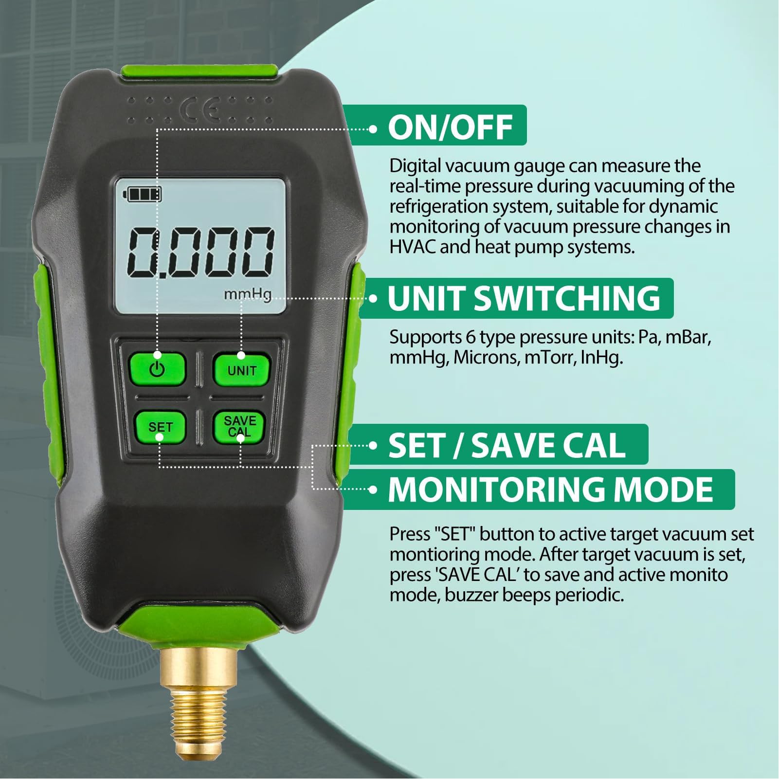Medidor de Vacío Digital, Medidor de Micrones HVAC 0‑10000Pa, Interfaz 20UNF de 7/16 Pulgadas, Pantalla Retroiluminada, Juego de Medidor de Micrones de Vacío Digital con Alarma