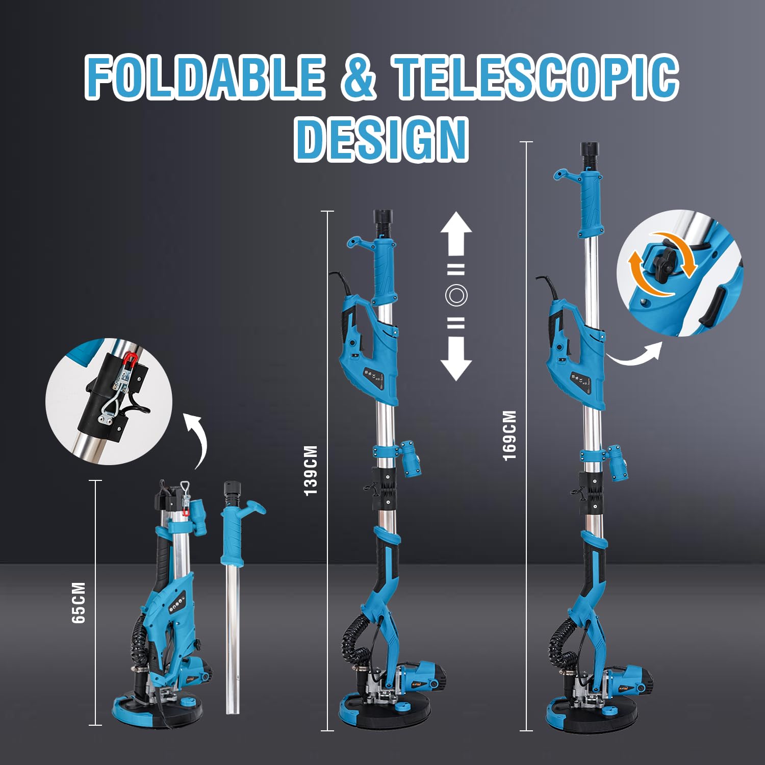 KATSU Tools Lijadora eléctrica para paneles de yeso de 950 W con doble disco (redonda + triangular), mango telescópico de aluminio, linterna LED, 6 velocidades variables, 12 papeles de lija, para