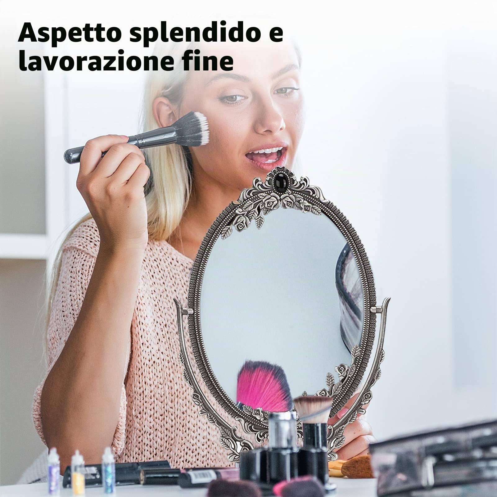 Specchio per il Trucco Specchio Cosmetico Bifacciale Antico Europeo Bifacciale Retro Vintage Bifacciale Pittura per il Viso in Metallo in Lega di Zinco a 360 ° a Mano
