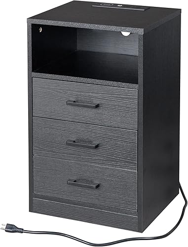 Mesita de noche con estación de carga inalámbrica y luces LED mesita de noche y mesa auxiliar mesa auxiliar de diseño moderno con tres cajones y