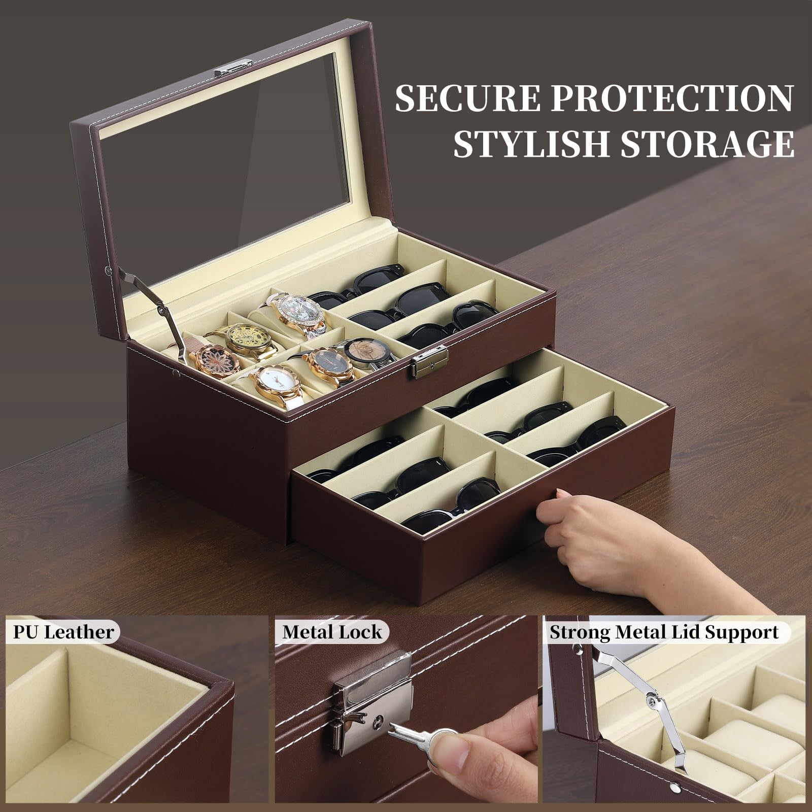 AUTOARK Boîte à bijoux en cuir pour 6 montres et 9 pièces de rangement pour lunettes de soleil avec tiroir verrouillable,Marron,AW-130