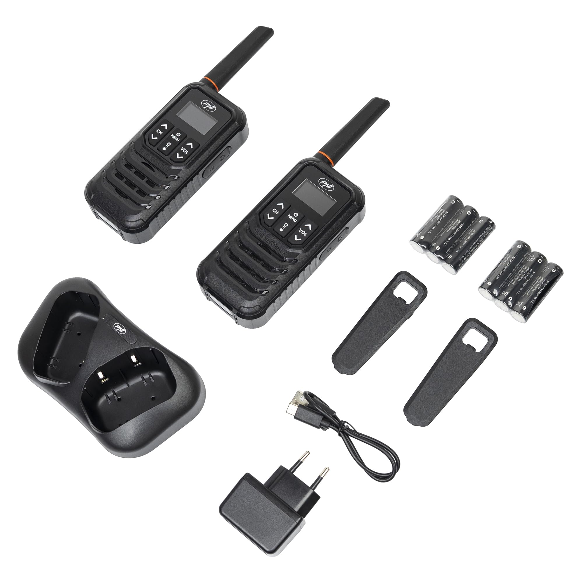 Stazione radio portatile PNI PMR R80 PRO, set di 2 pezzi, 0,5 W, impermeabile IP67, con torcia a LED, pulsante SOS, VOX, USB-C